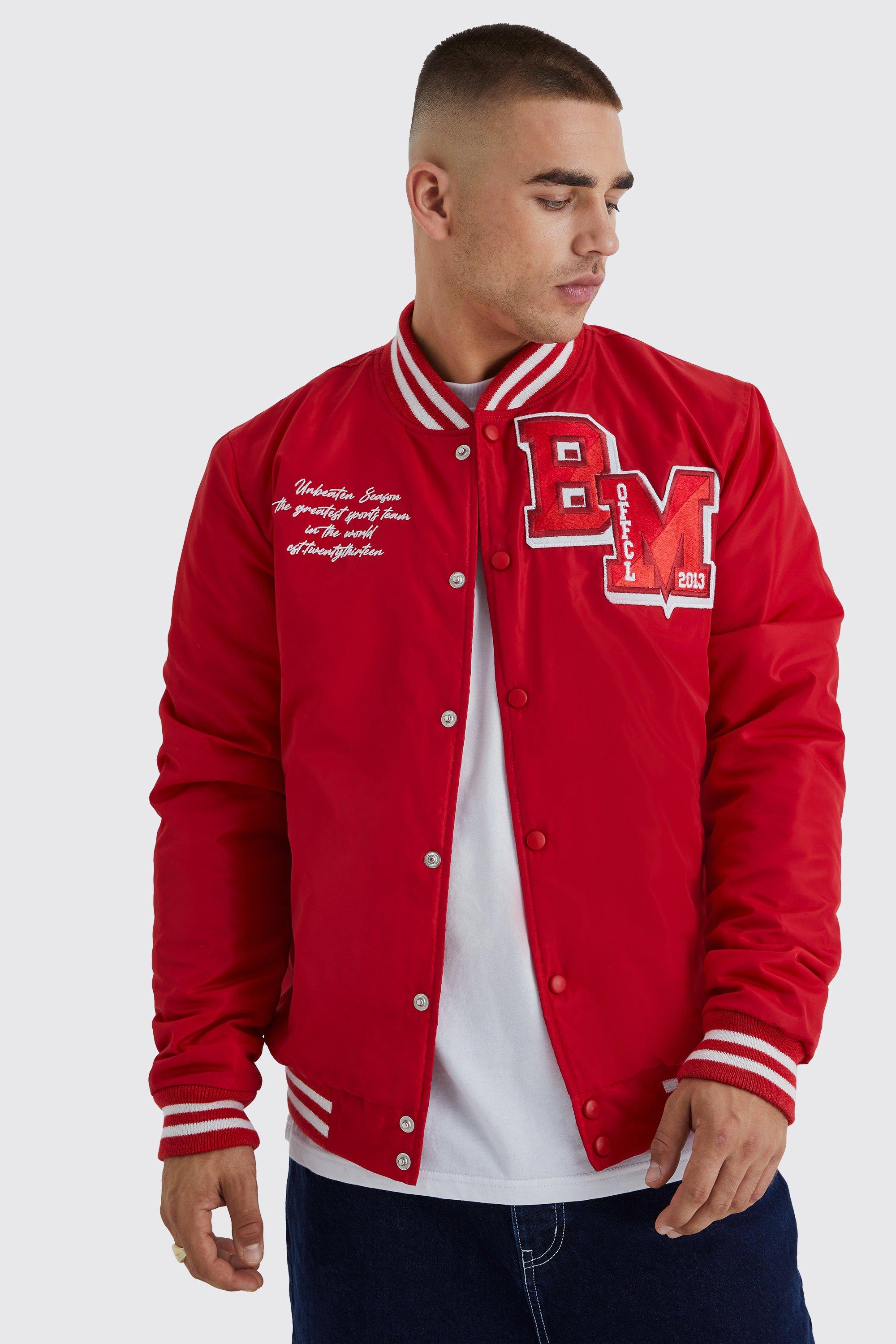 Mens Red Nylon Varsity Jacket With Badges, Red
