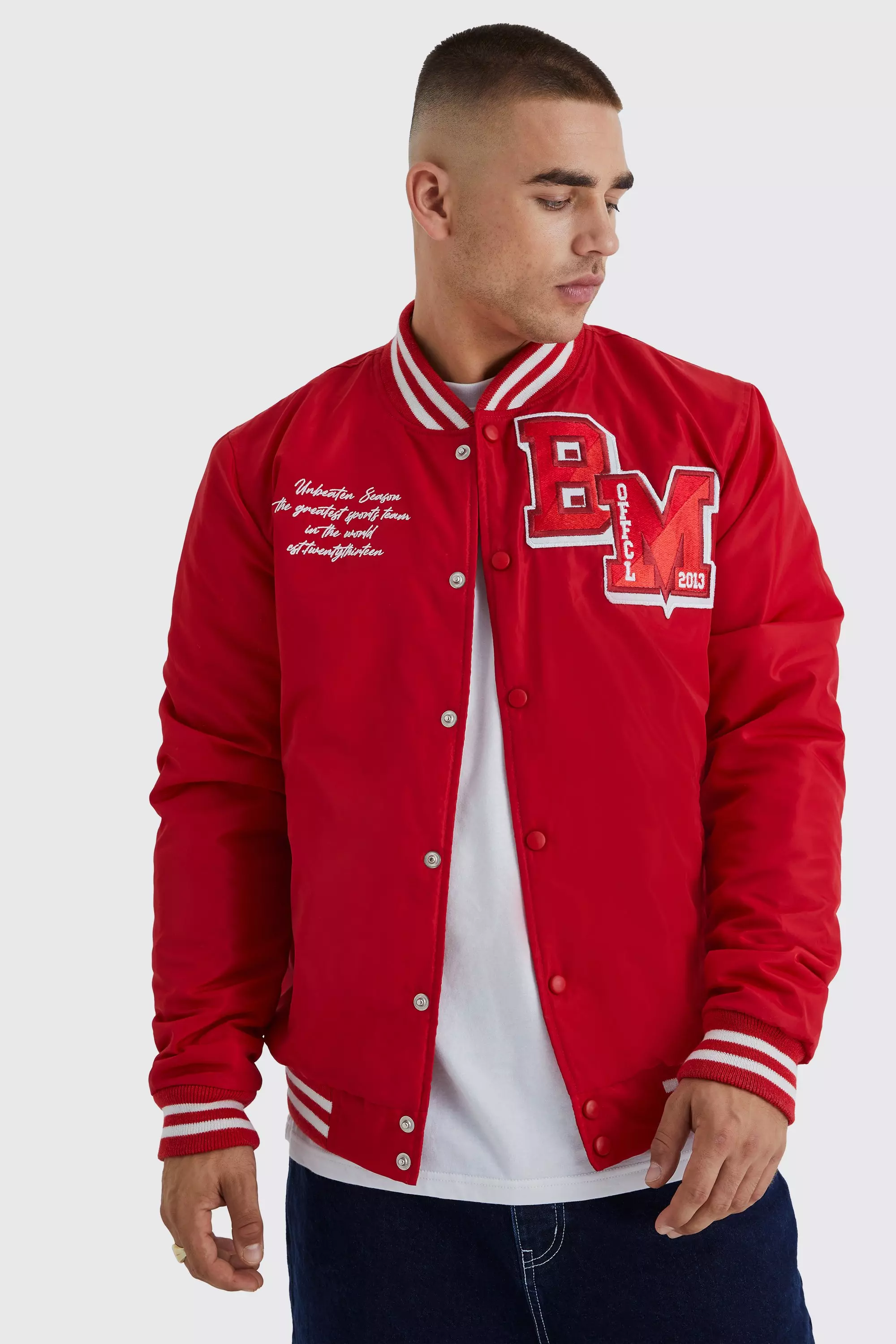 Nylon Varsity Jacket With Badges | boohooMAN USA