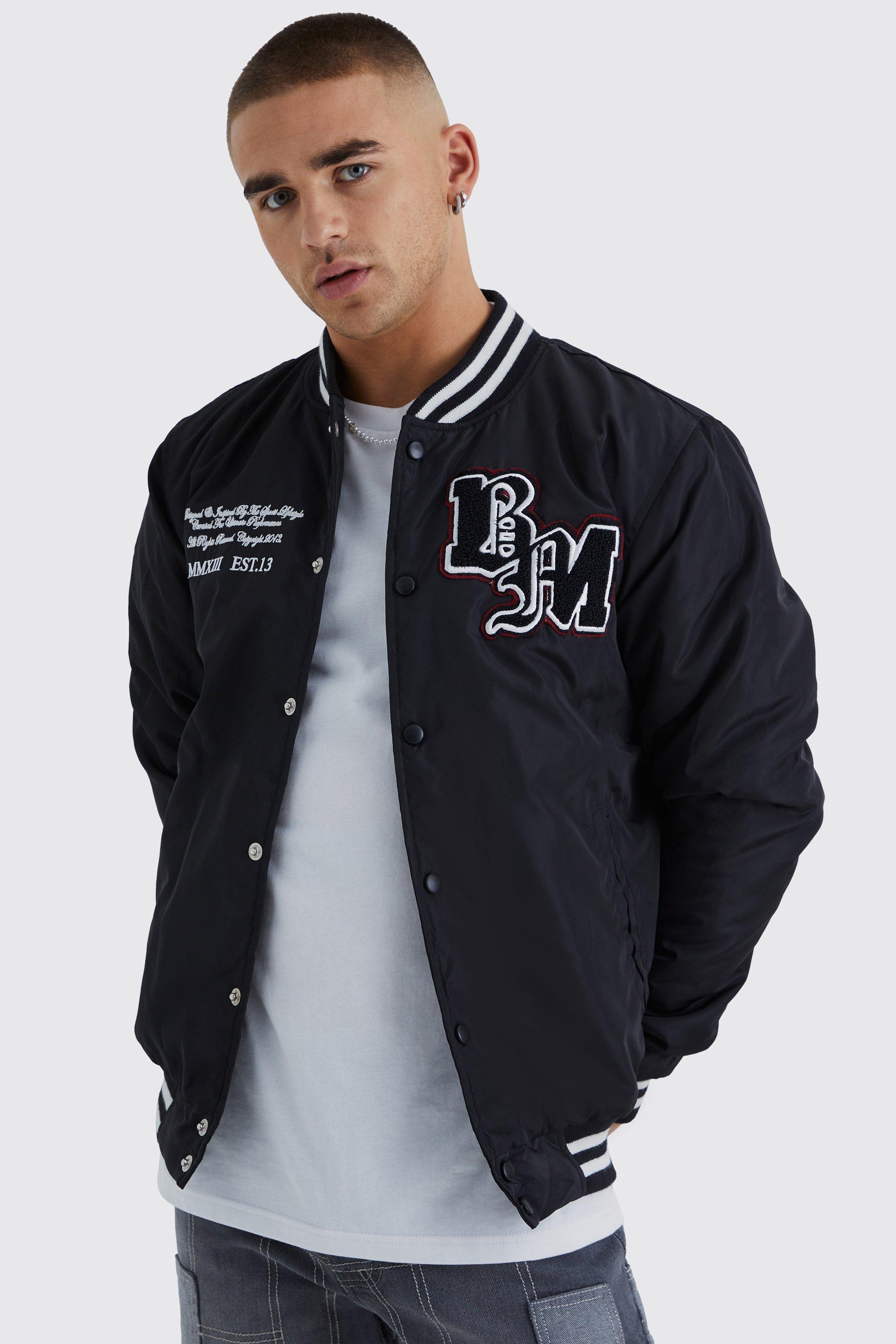 Mens Black Nylon Varsity Jacket With Badges, Black