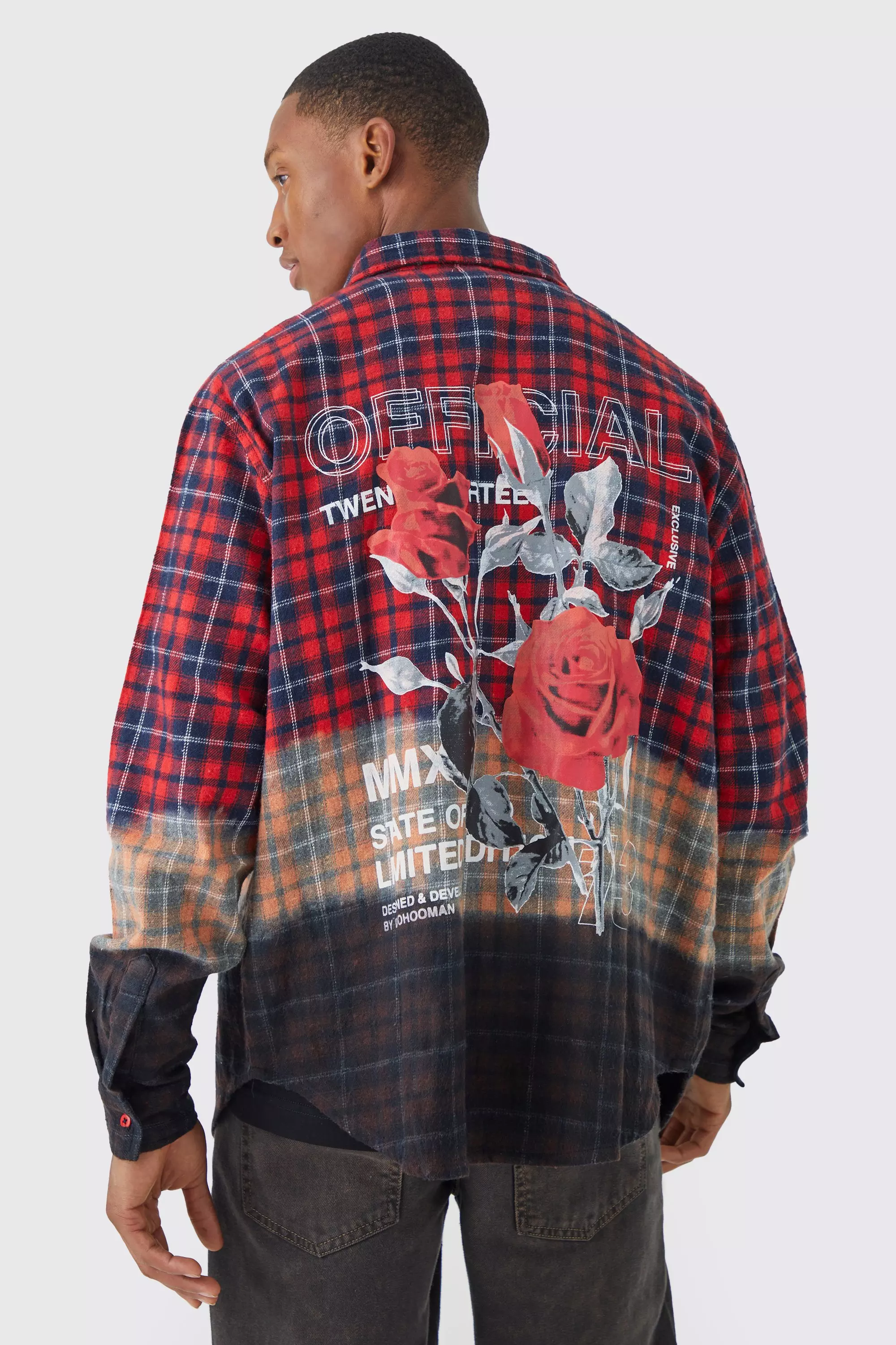 Oversized Rose Back Print Ombre Flannel Shirt