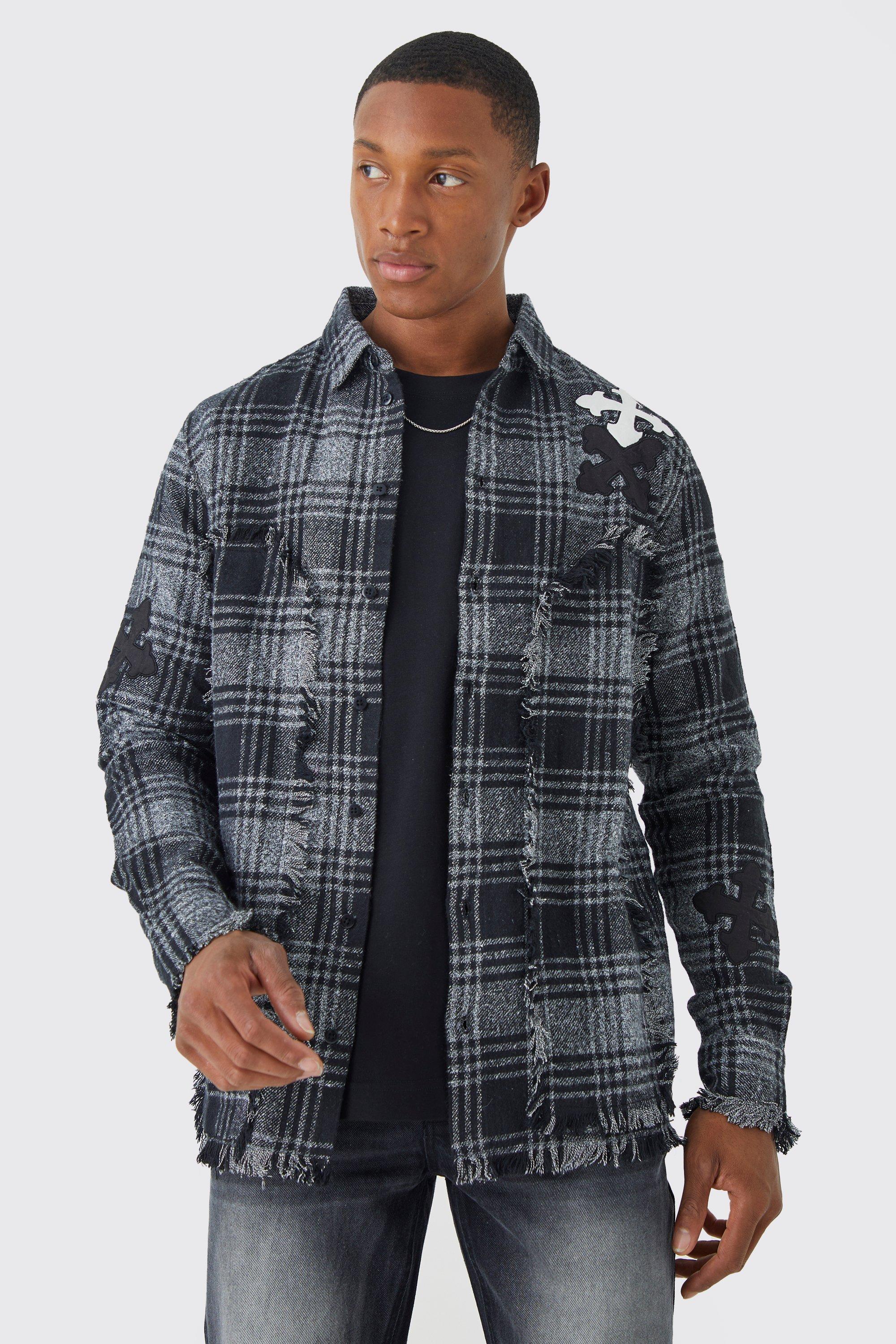 Mens Grey Distressed Hem Panel And Badge Check Shirt, Grey