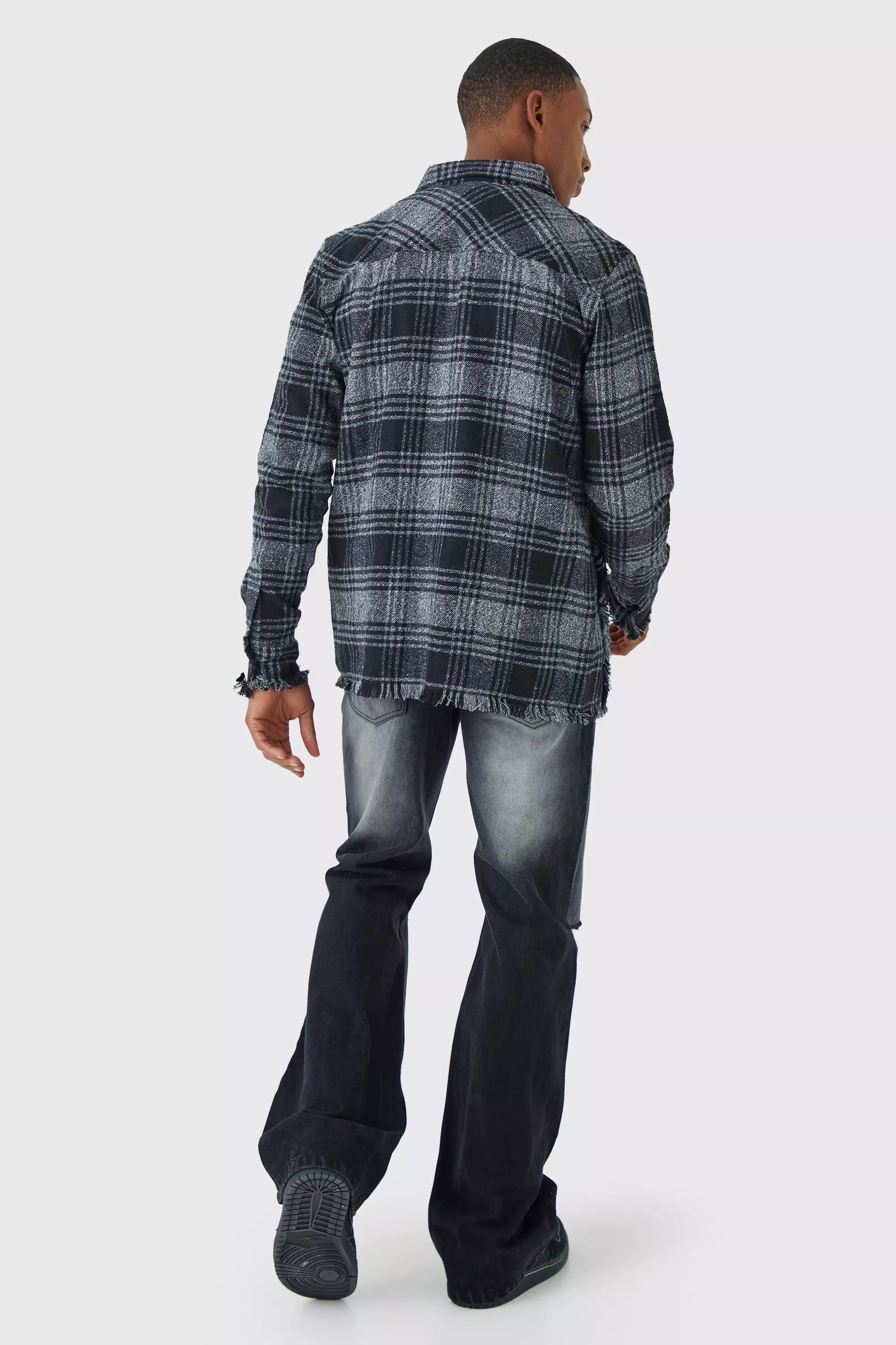 Distressed Hem Panel And Badge Flannel Shirt | boohooMAN USA