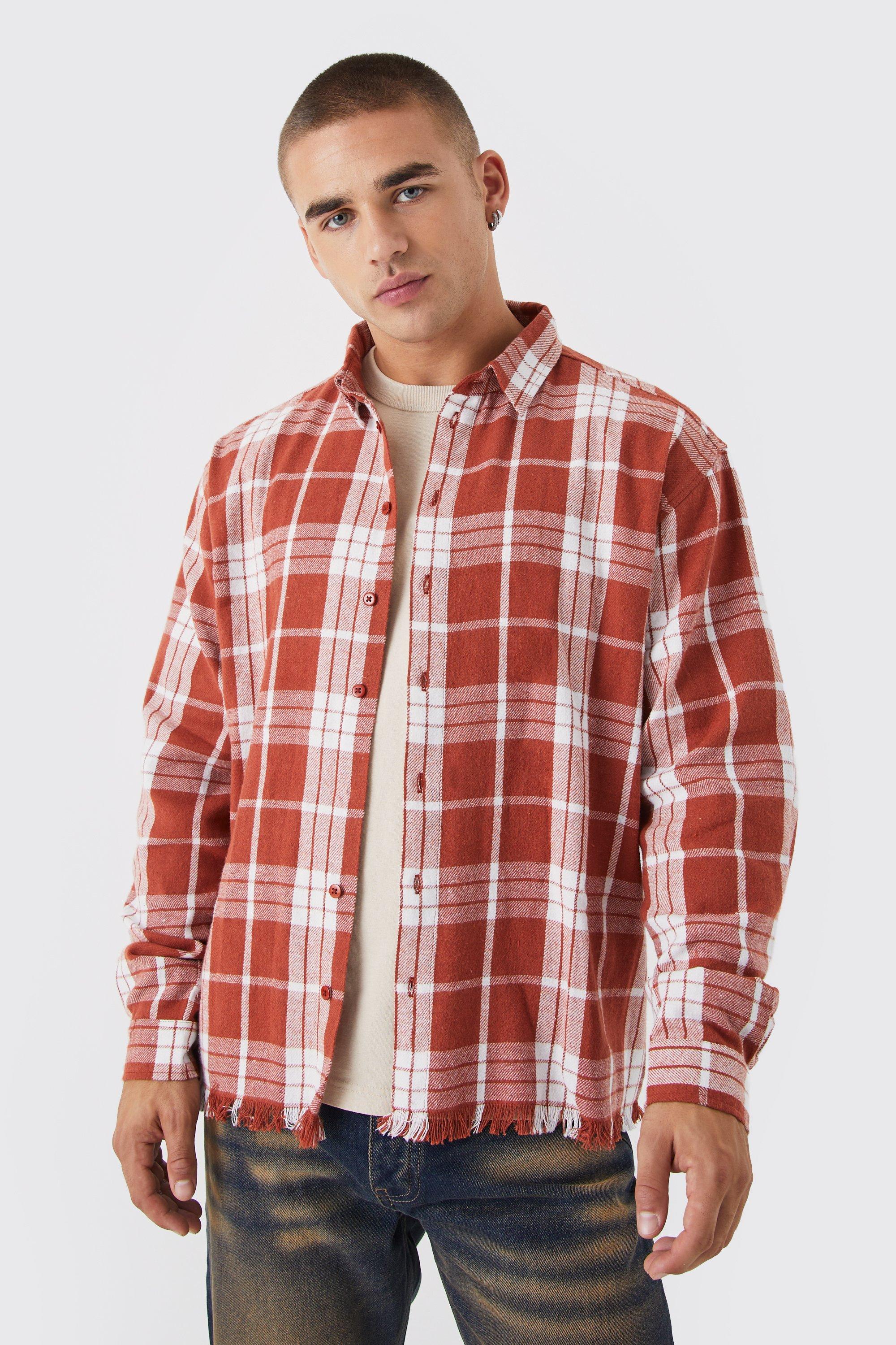 Mens Red Boxy Check Distressed Shirt, Red