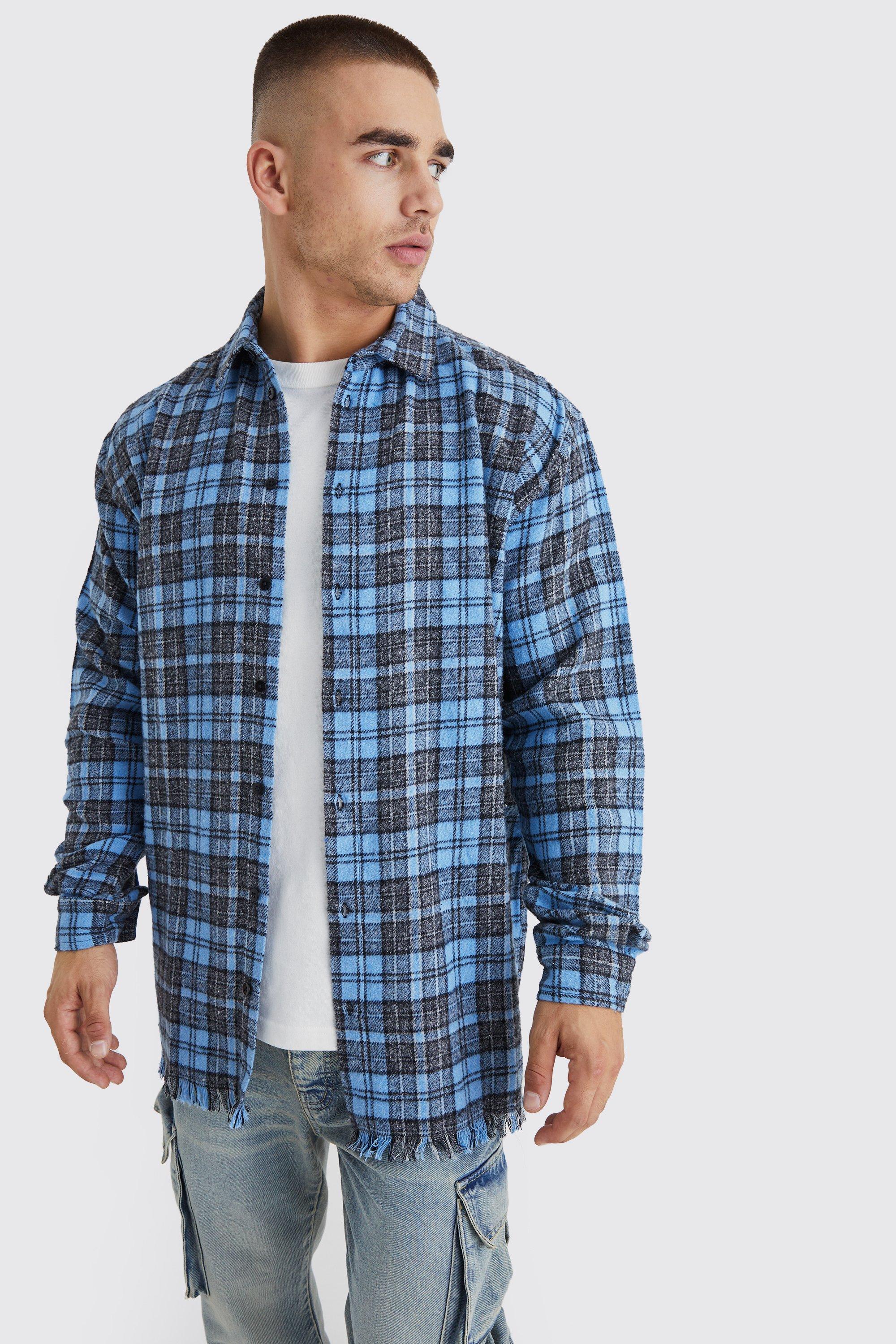 Mens Blue Oversized Grid Check Distressed Shirt, Blue