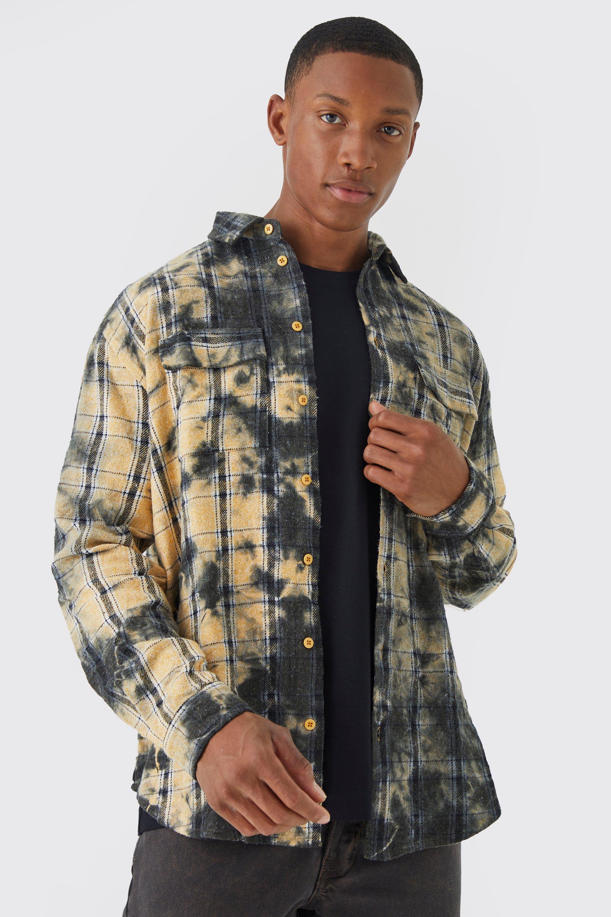 Mens Yellow Oversized All Over Bleach Check Shirt, Yellow