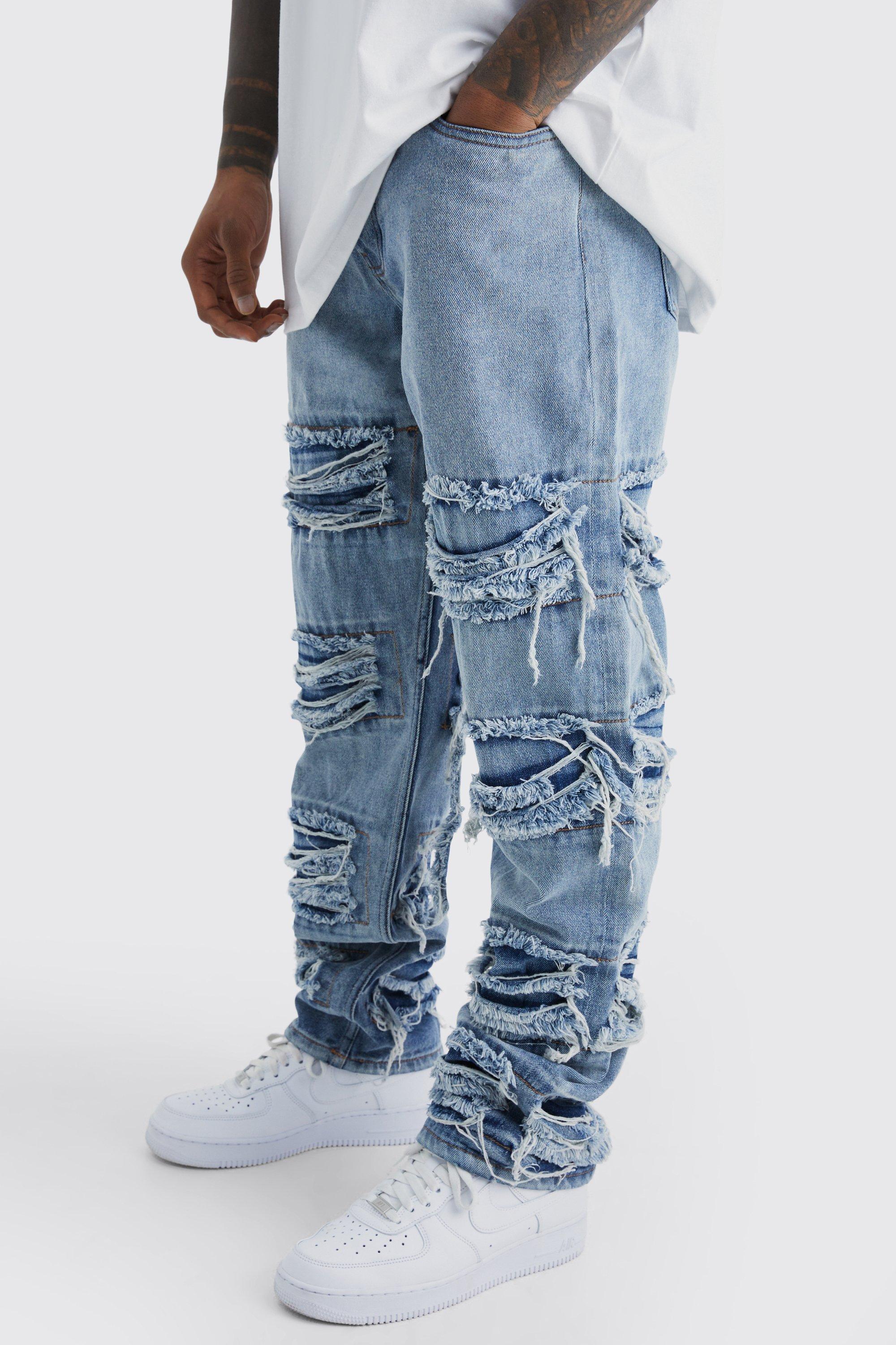 Mens Blue Relaxed Fit All Over Frayed Panel Jeans, Blue