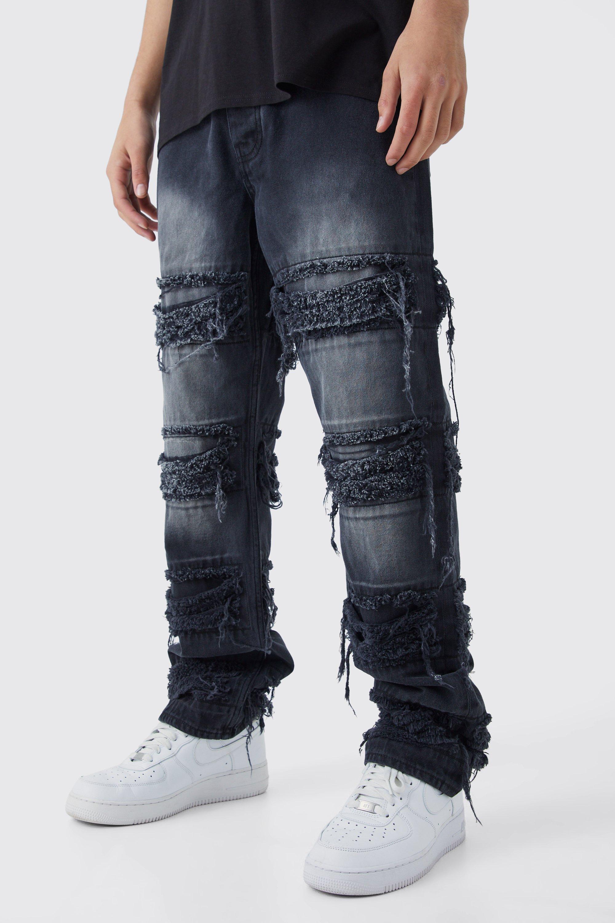 Mens Black Relaxed Fit All Over Frayed Panel Jeans, Black