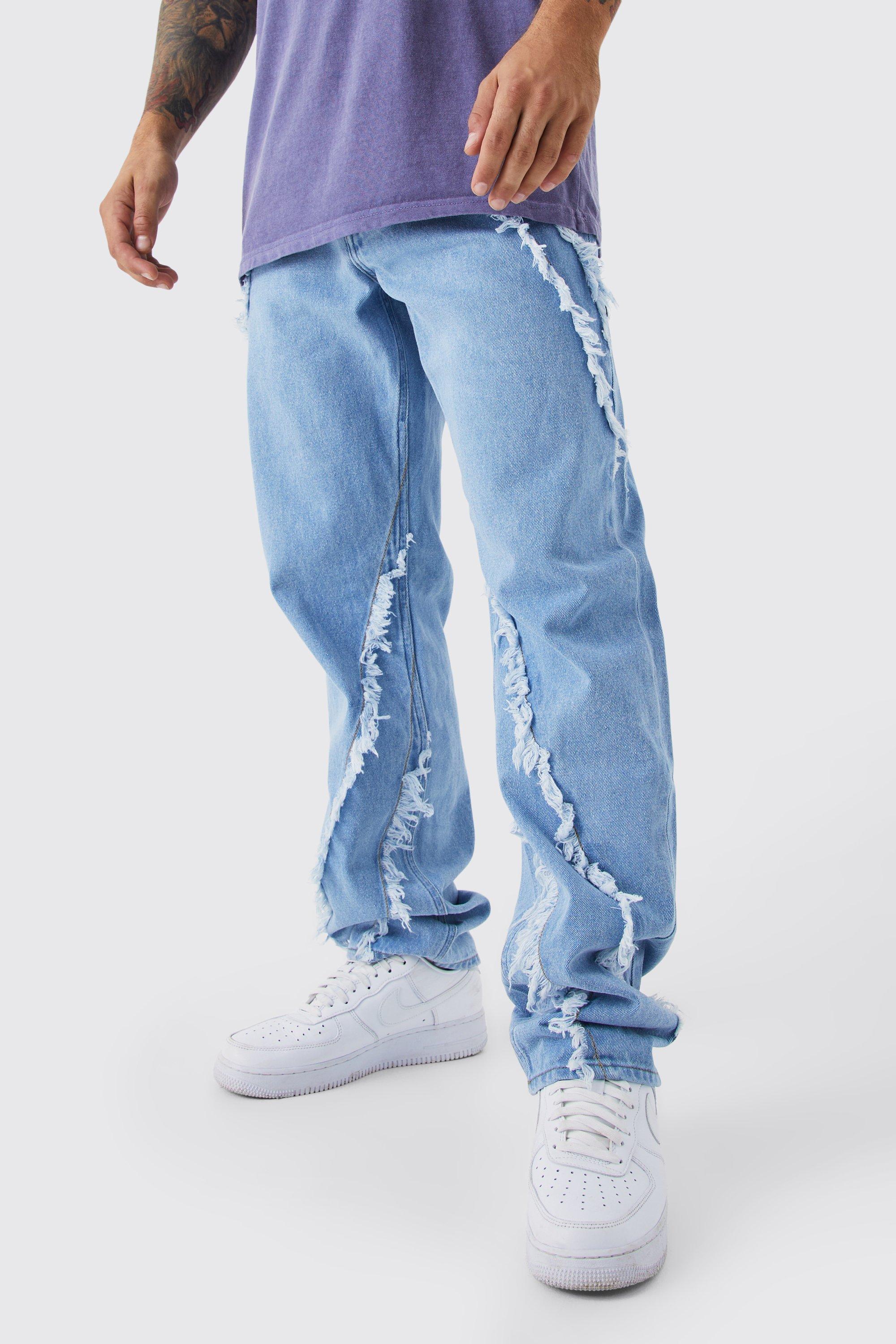 Image of Jeans rilassati con fondo sfilacciato, Azzurro