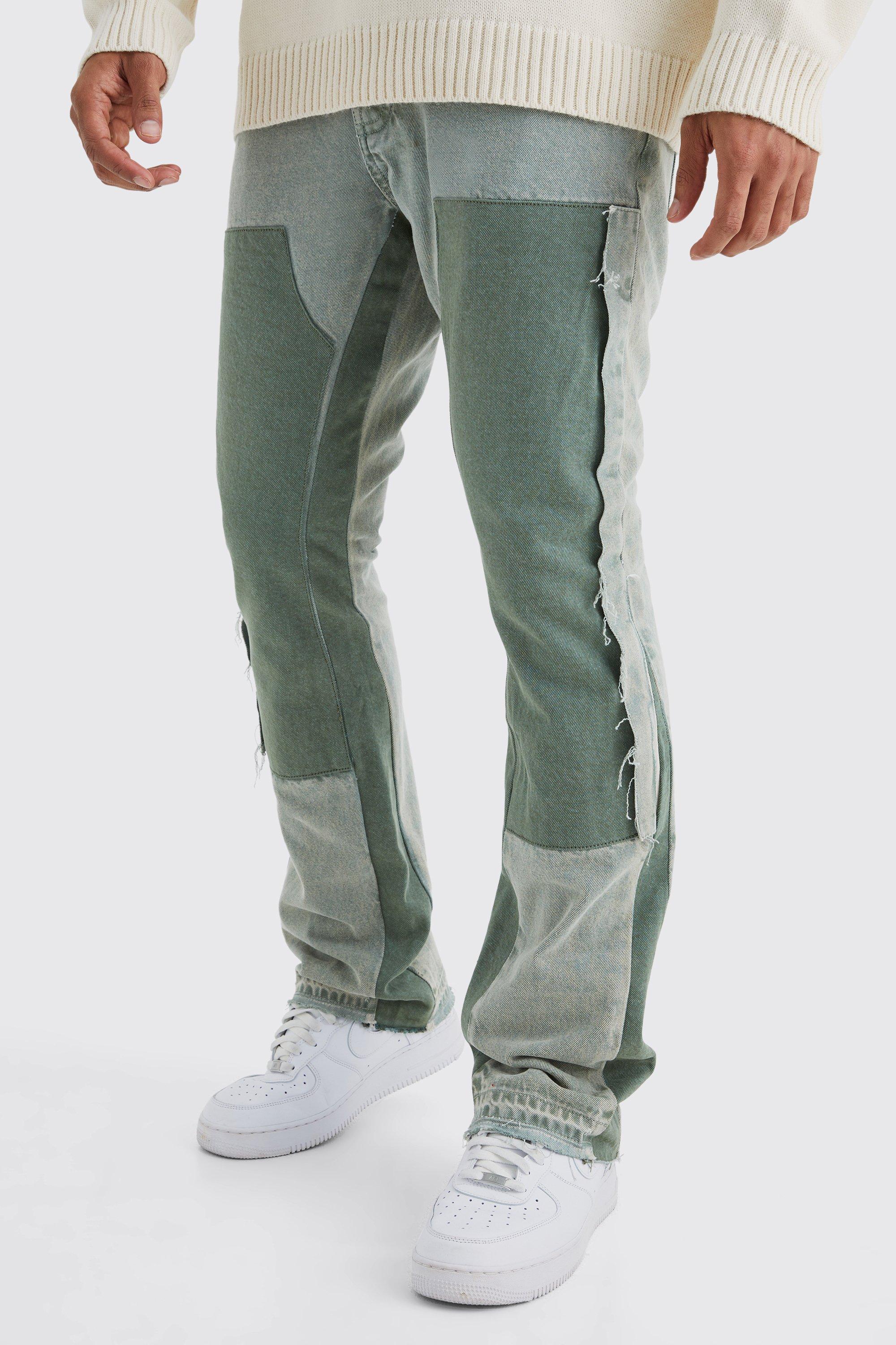 Mens Green Slim Flare Overdye Worker Panel Jeans, Green