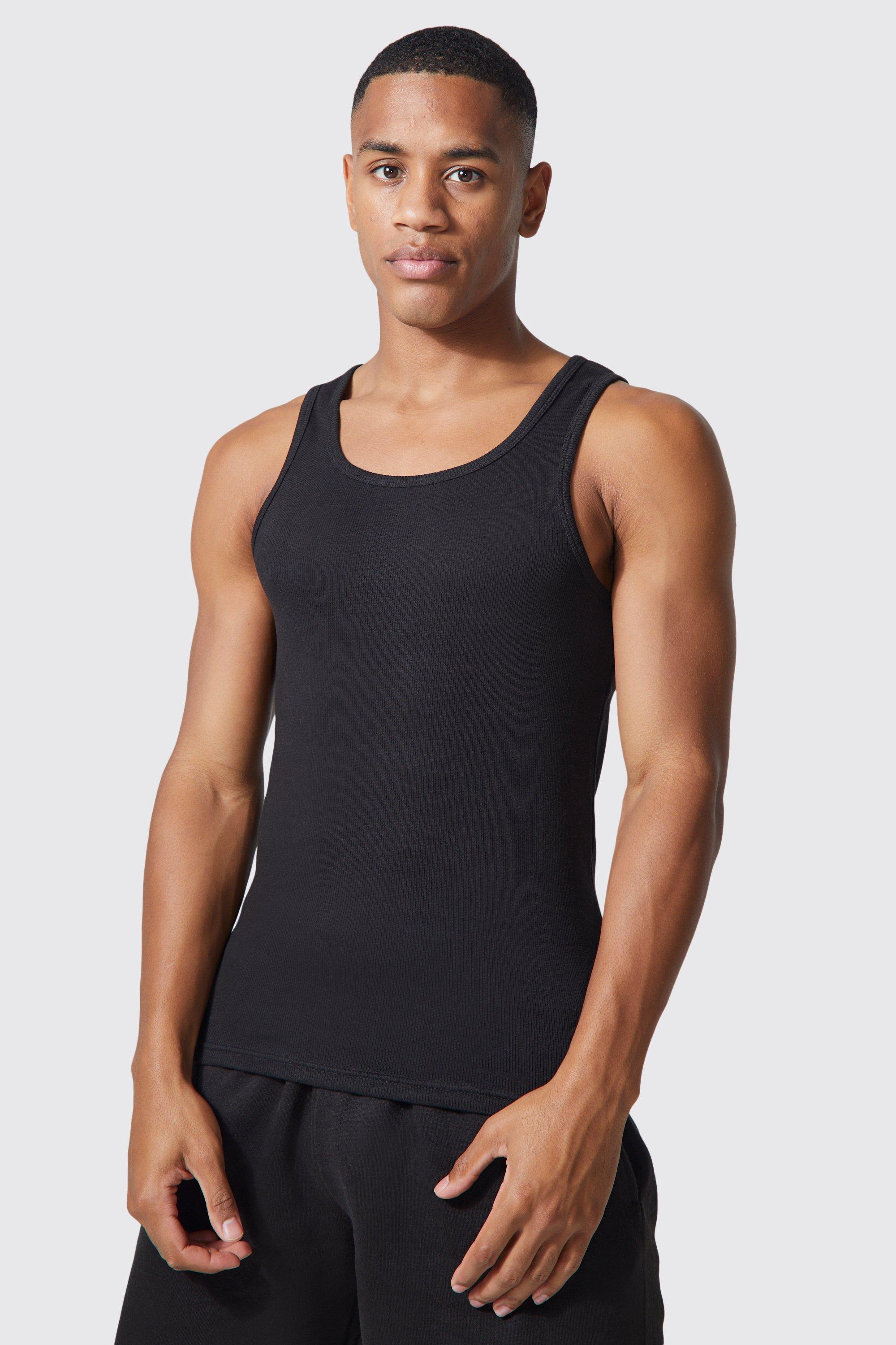 Mens Black Man Active Gym Muscle Fit Ribbed Vest, Black