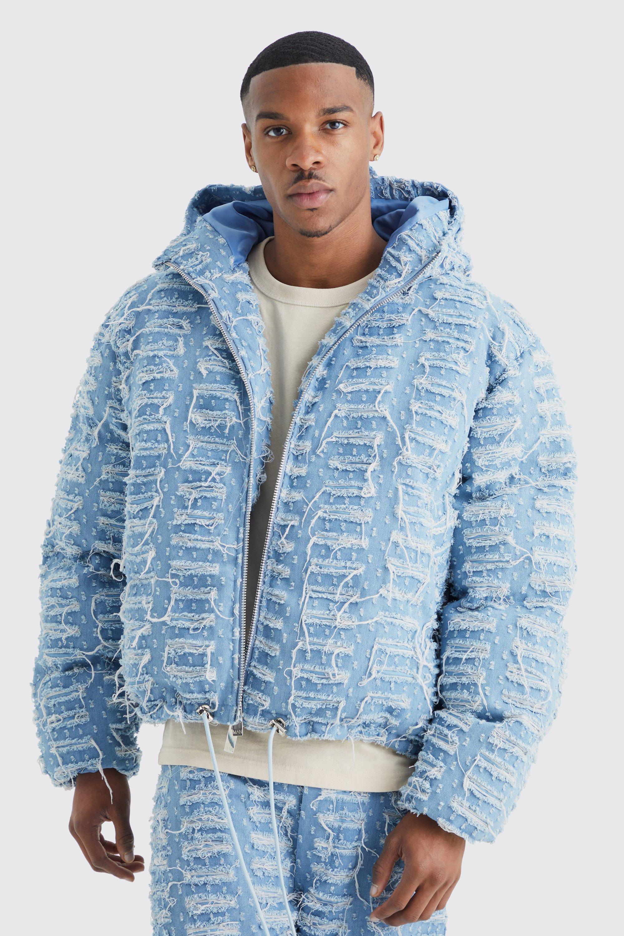 mens blue boxy fit distressed denim puffer with hood, blue