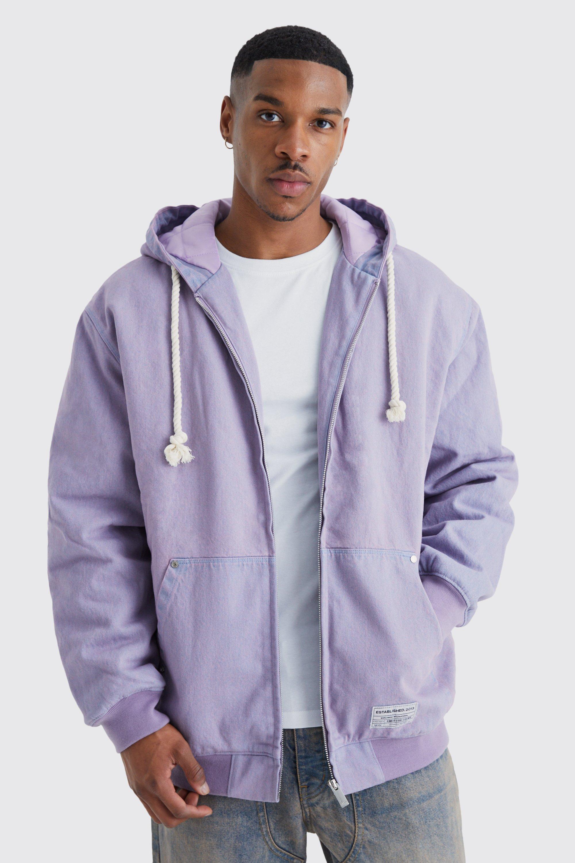 Mens Purple Overdye Denim Zip Through Hooded Jacket, Purple