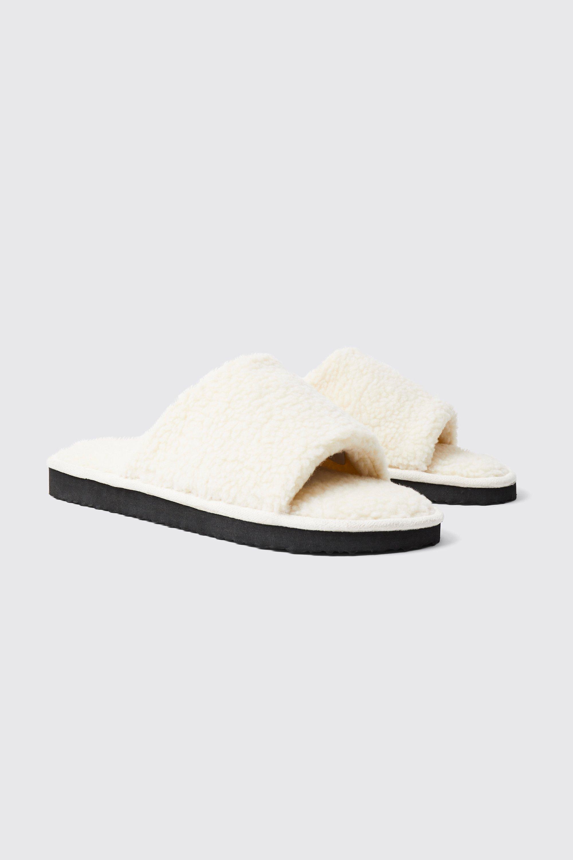 Mens Cream Borg Open Toe Slipper, Cream