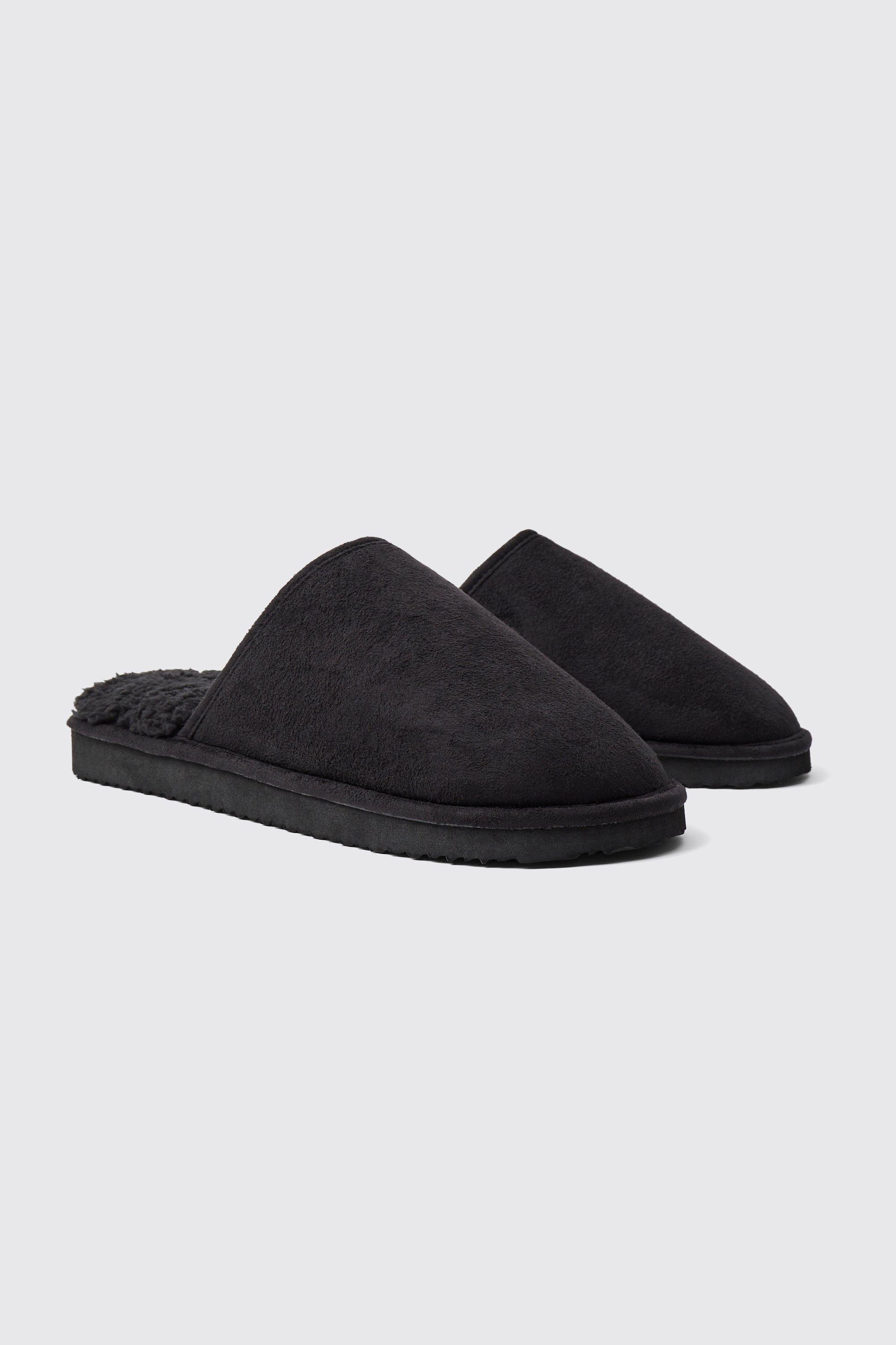 Mens Black Sherpa Lined Slipper, Black