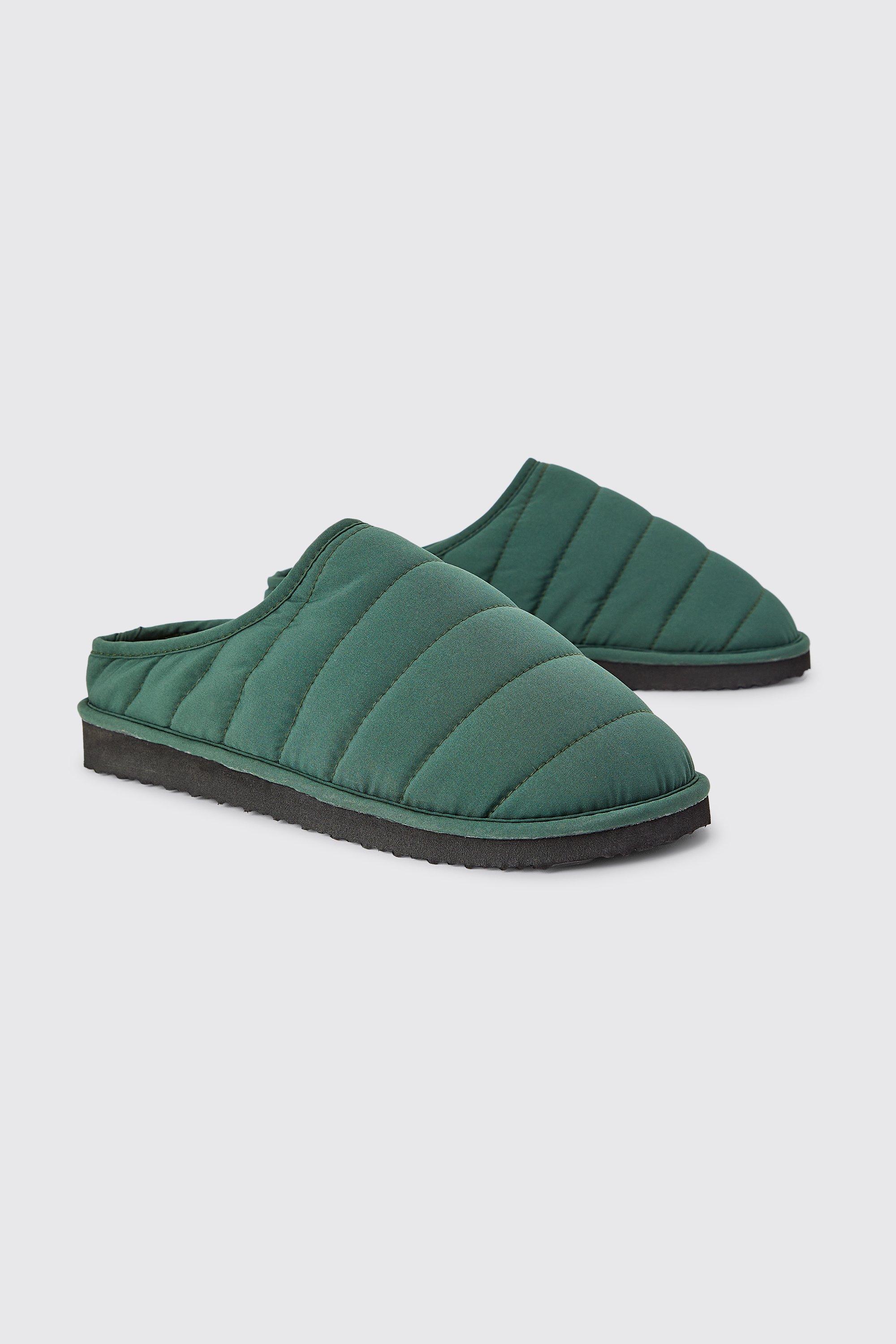 Mens Green Nylon Quilted Slippers, Green