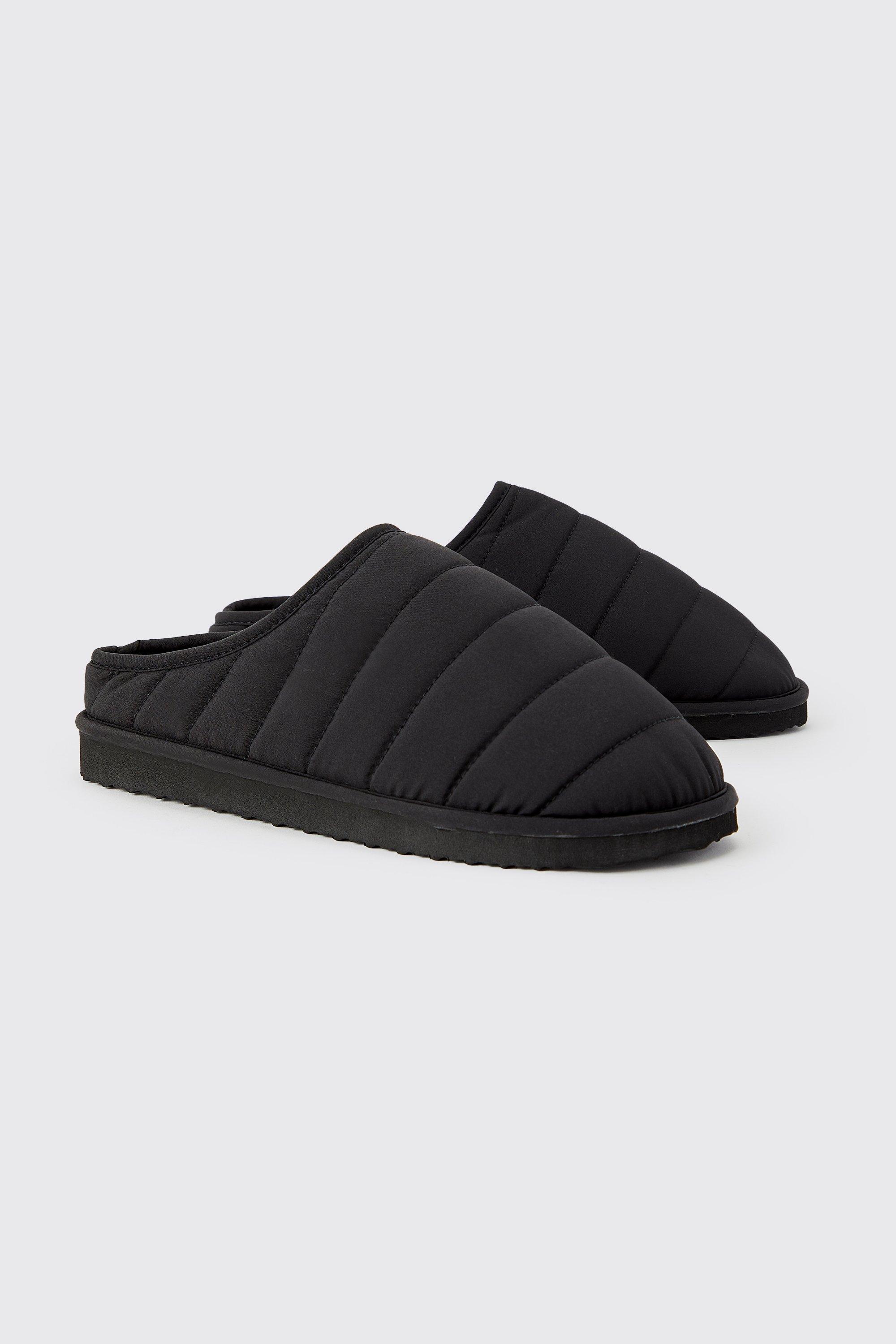 Mens Black Nylon Quilted Slippers, Black