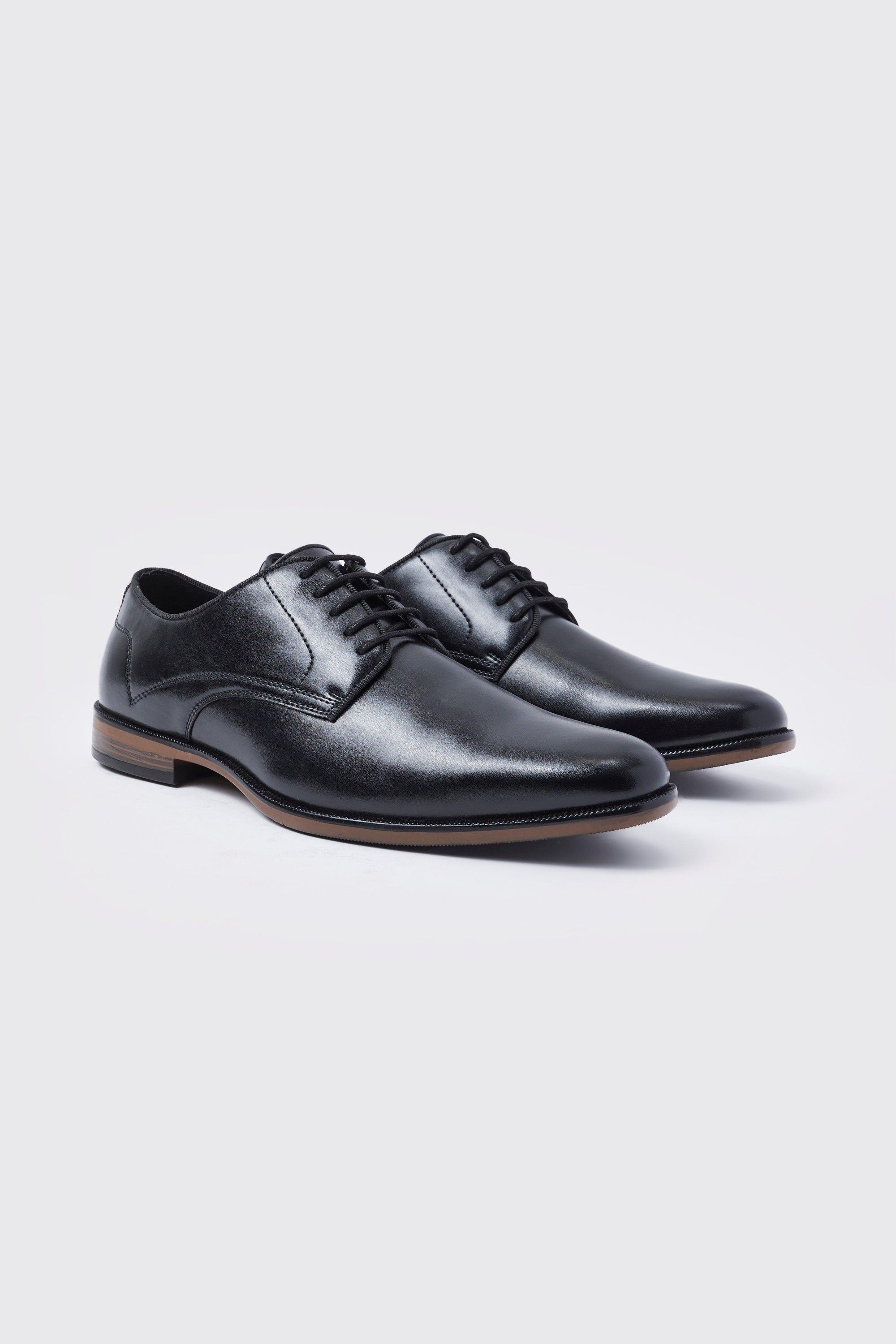 Mens Black Faux Leather Lace Up Derby Shoes, Black