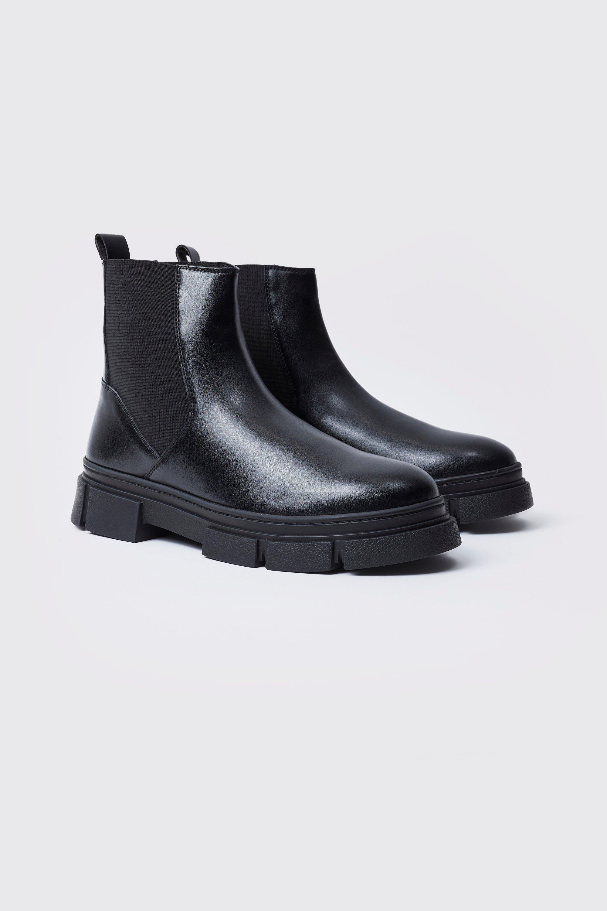 Mens Black Chunky Track Sole Chelsea Boots, Black
