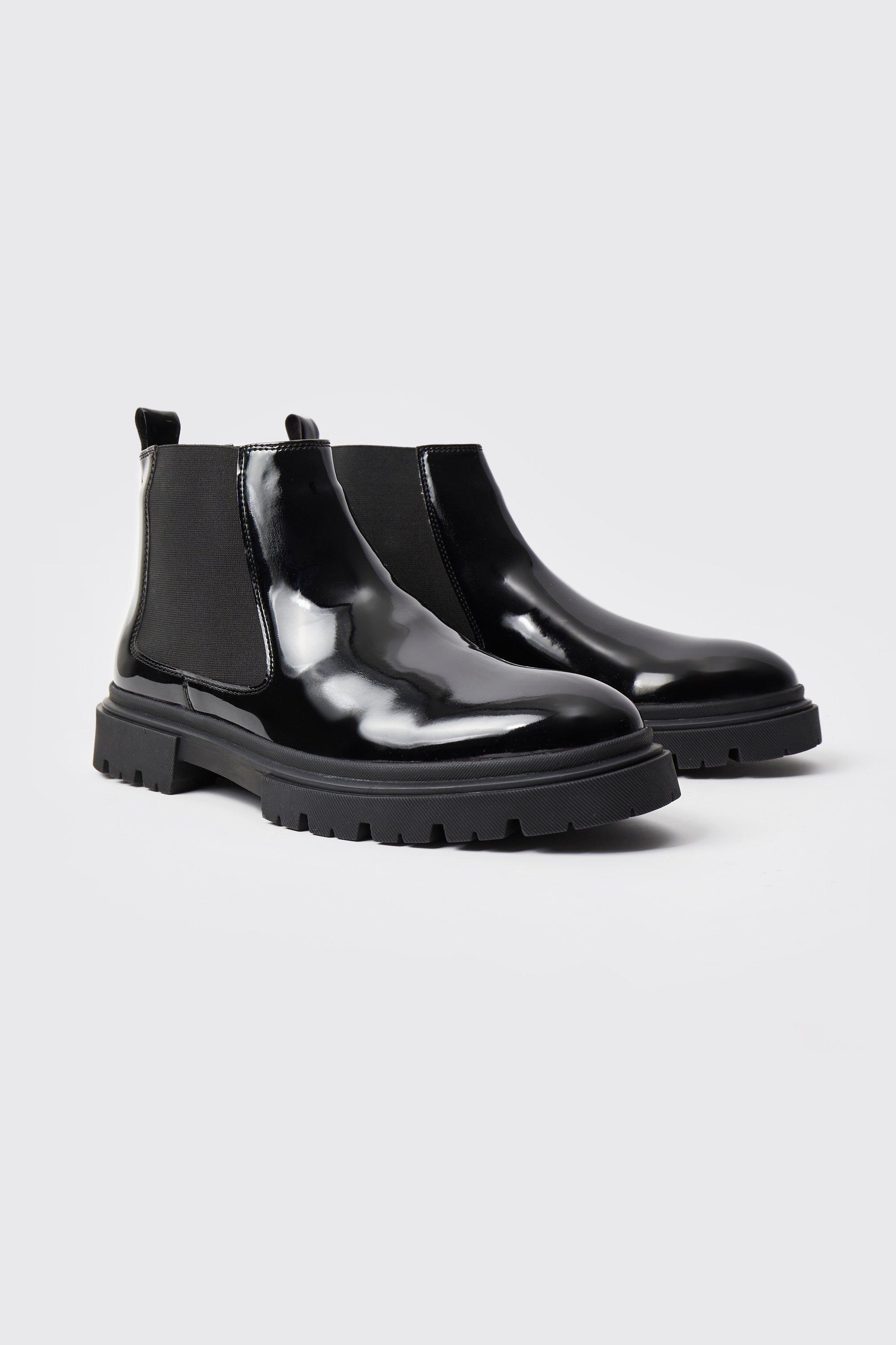 Mens Black Patent Chelsea Boots With Track Sole, Black