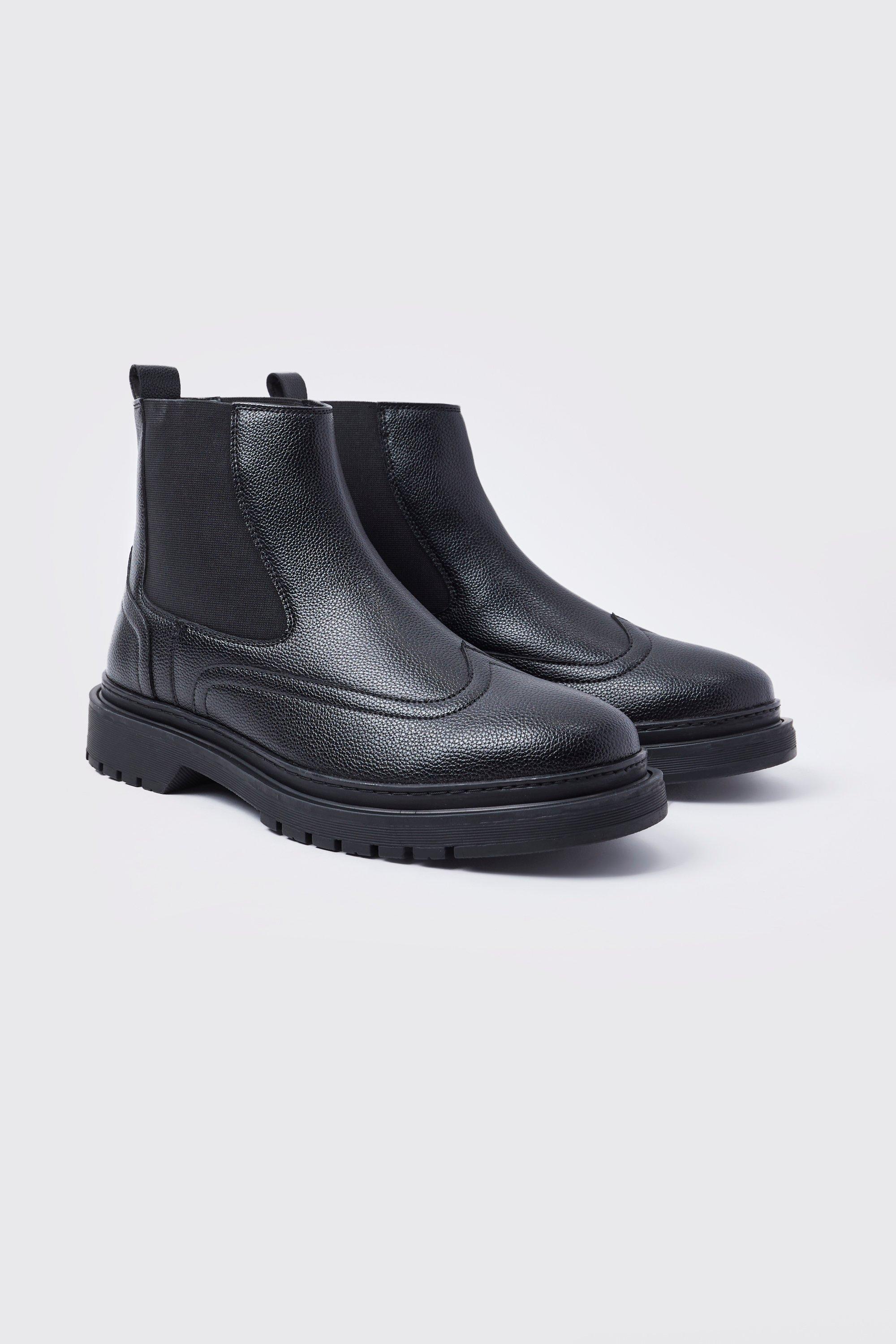 Mens Black Faux Leather Chelsea Boots With Track Sole, Black
