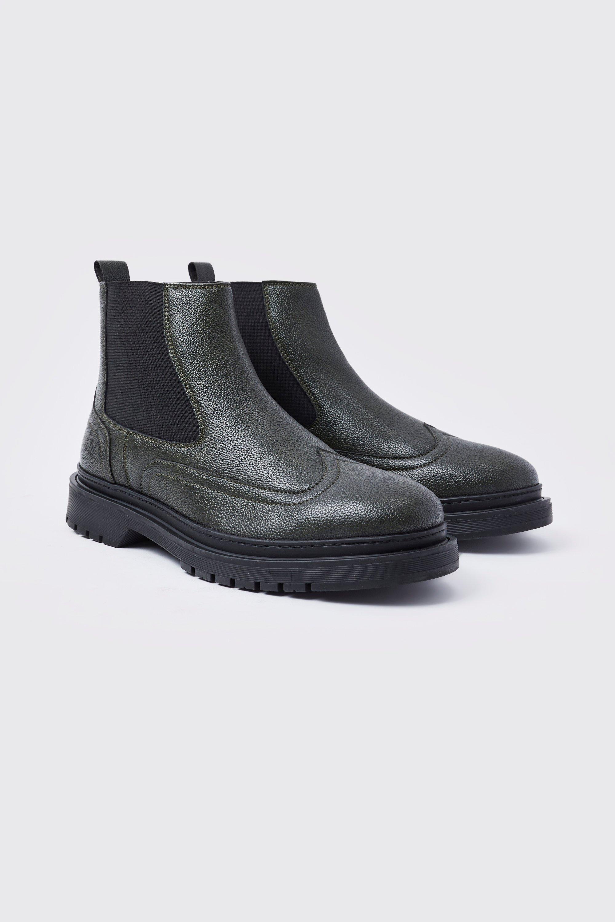 Mens Green Faux Leather Chelsea Boots With Track Sole, Green