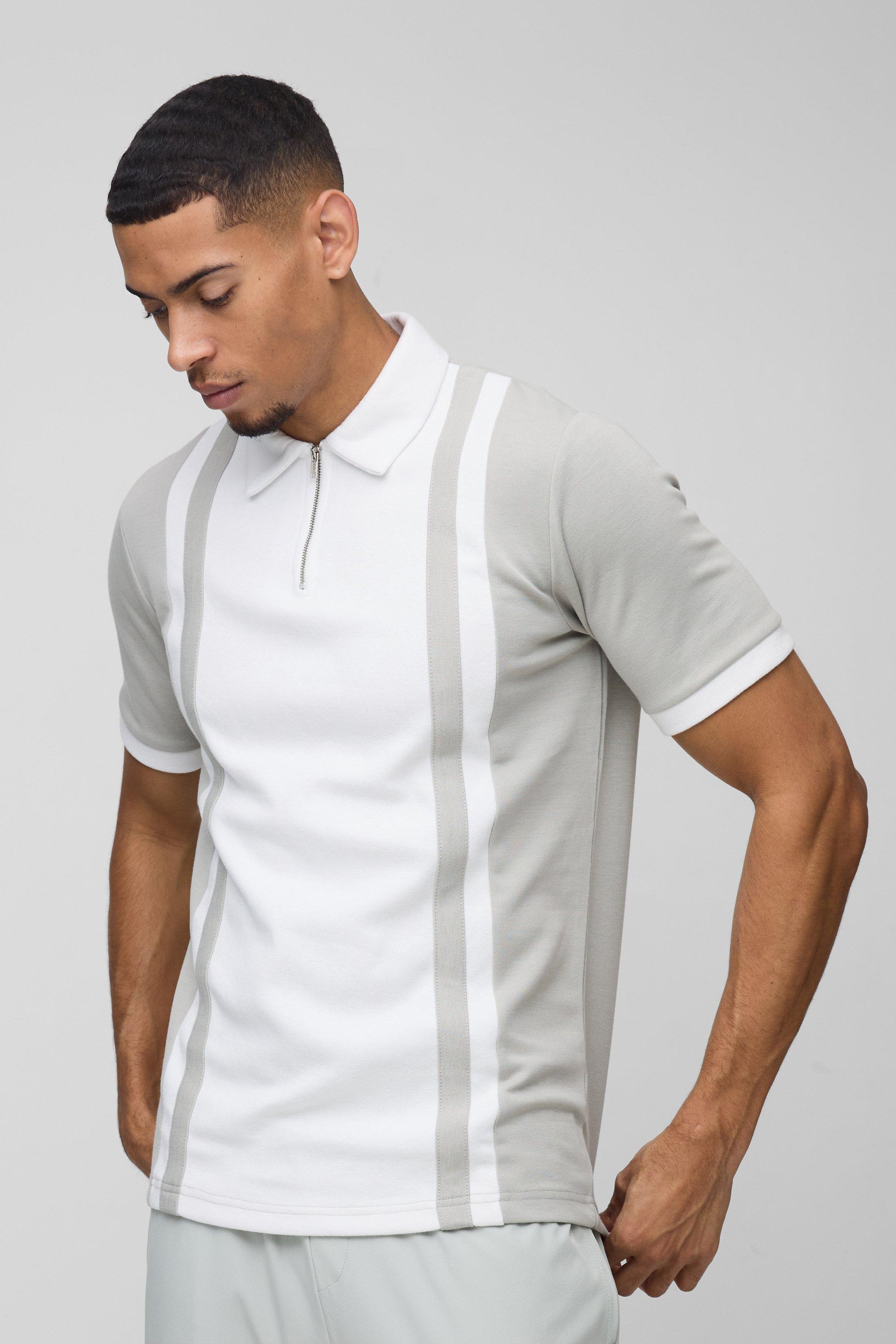 Mens White Slim Panelled Zip Neck Interlock Polo, White