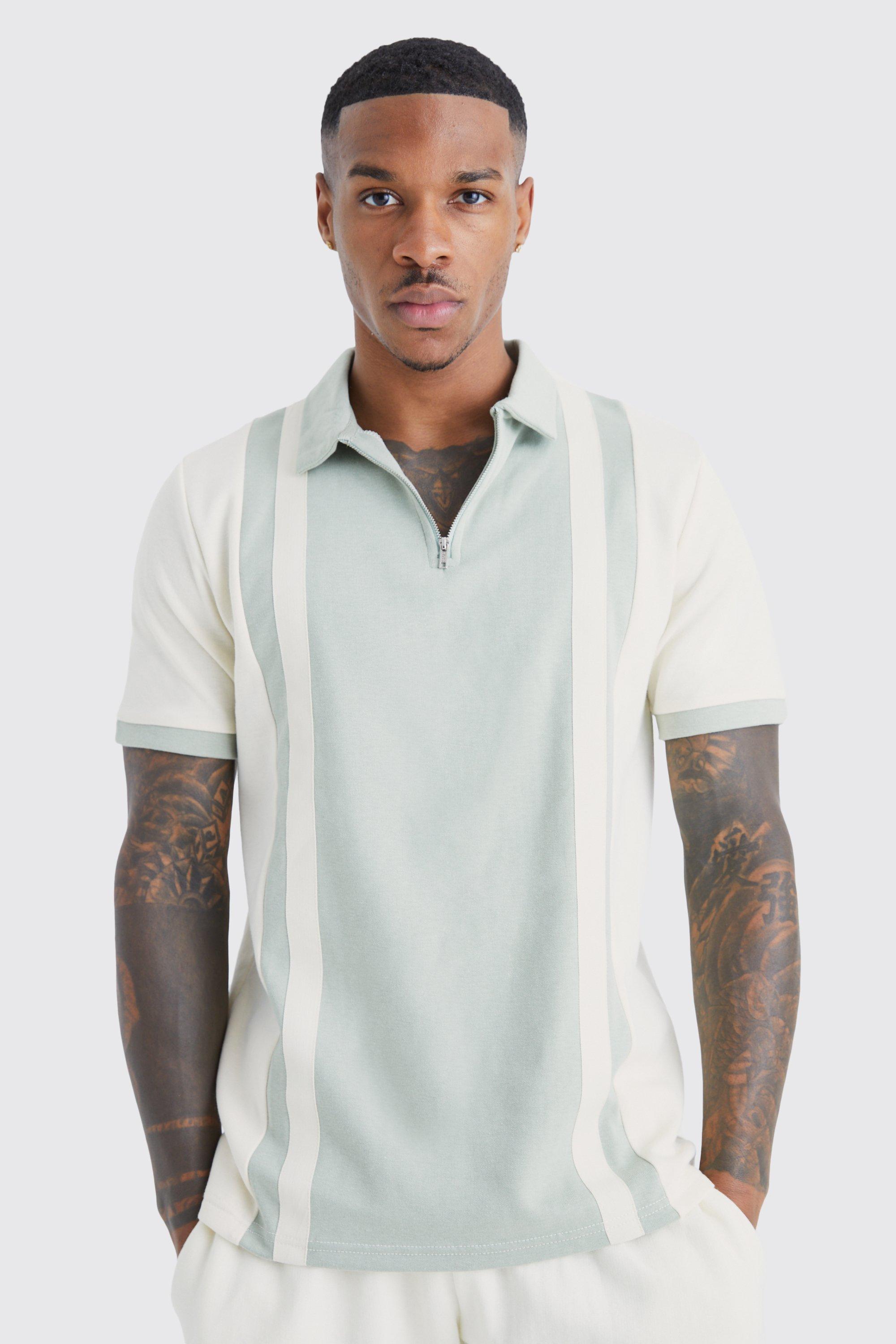 Mens Green Slim Panelled Zip Neck Interlock Polo, Green