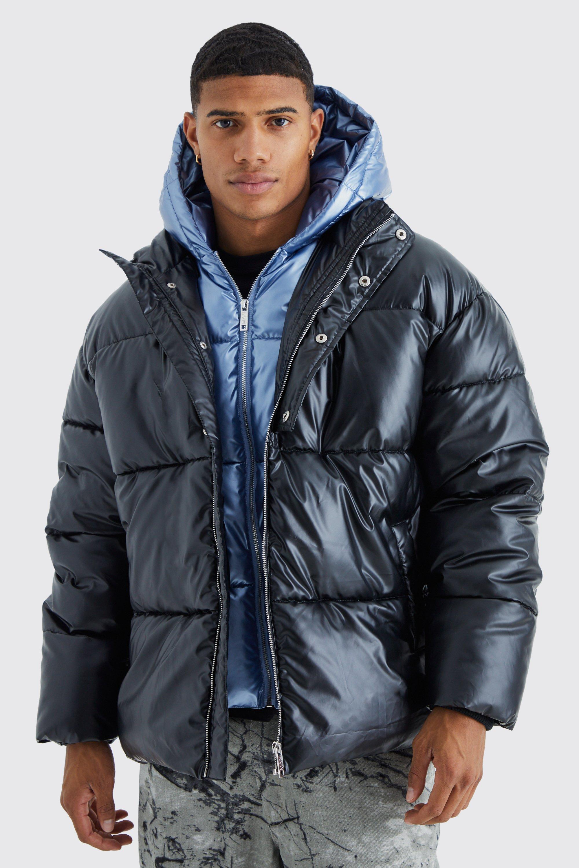 Mens Black Double Layer Metallic Puffer With Hood, Black