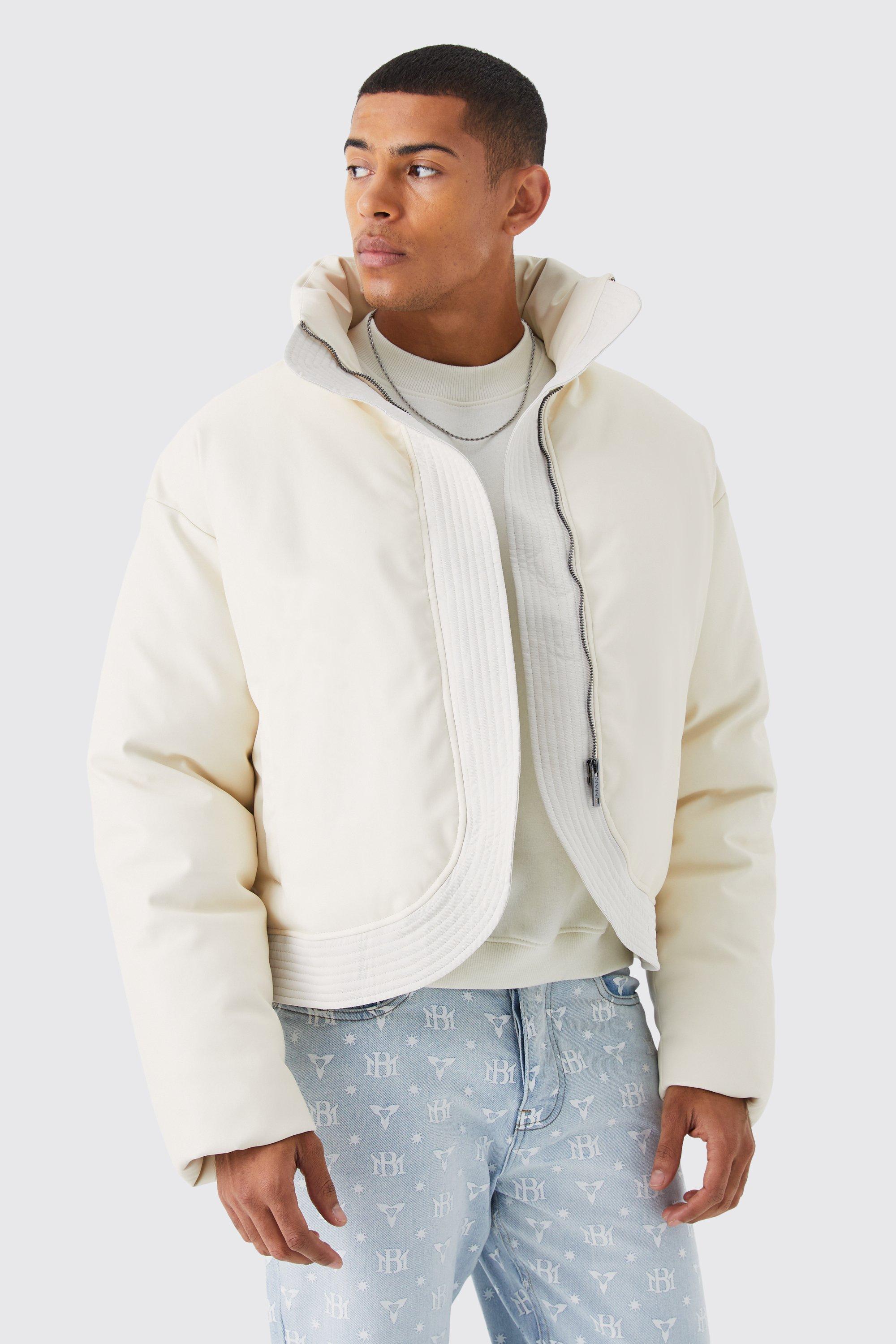 Mens Cream Boxy Pu Puffer With Woven Tape, Cream
