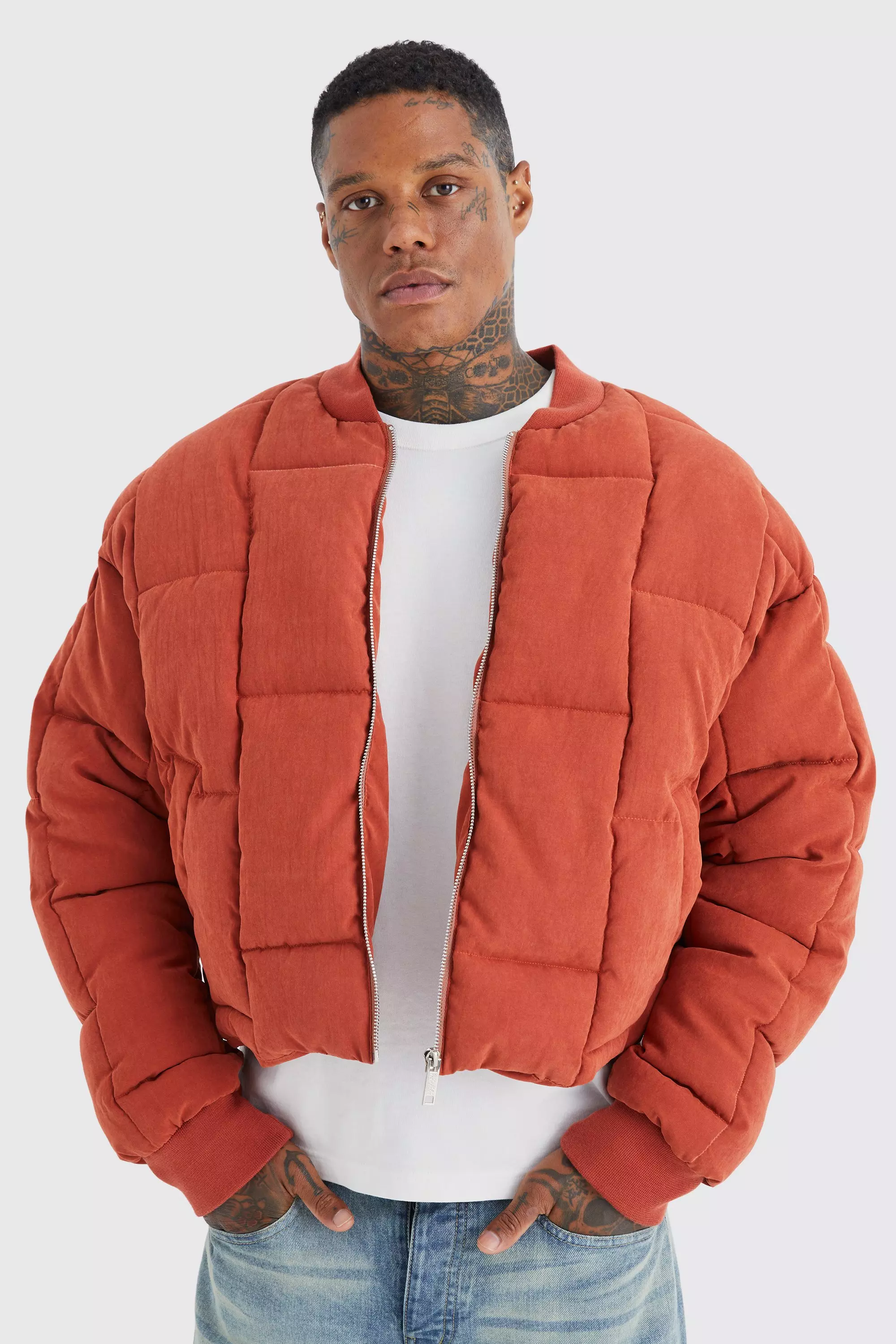 Boxy Peached Square Quilted Bomber | boohooMAN USA