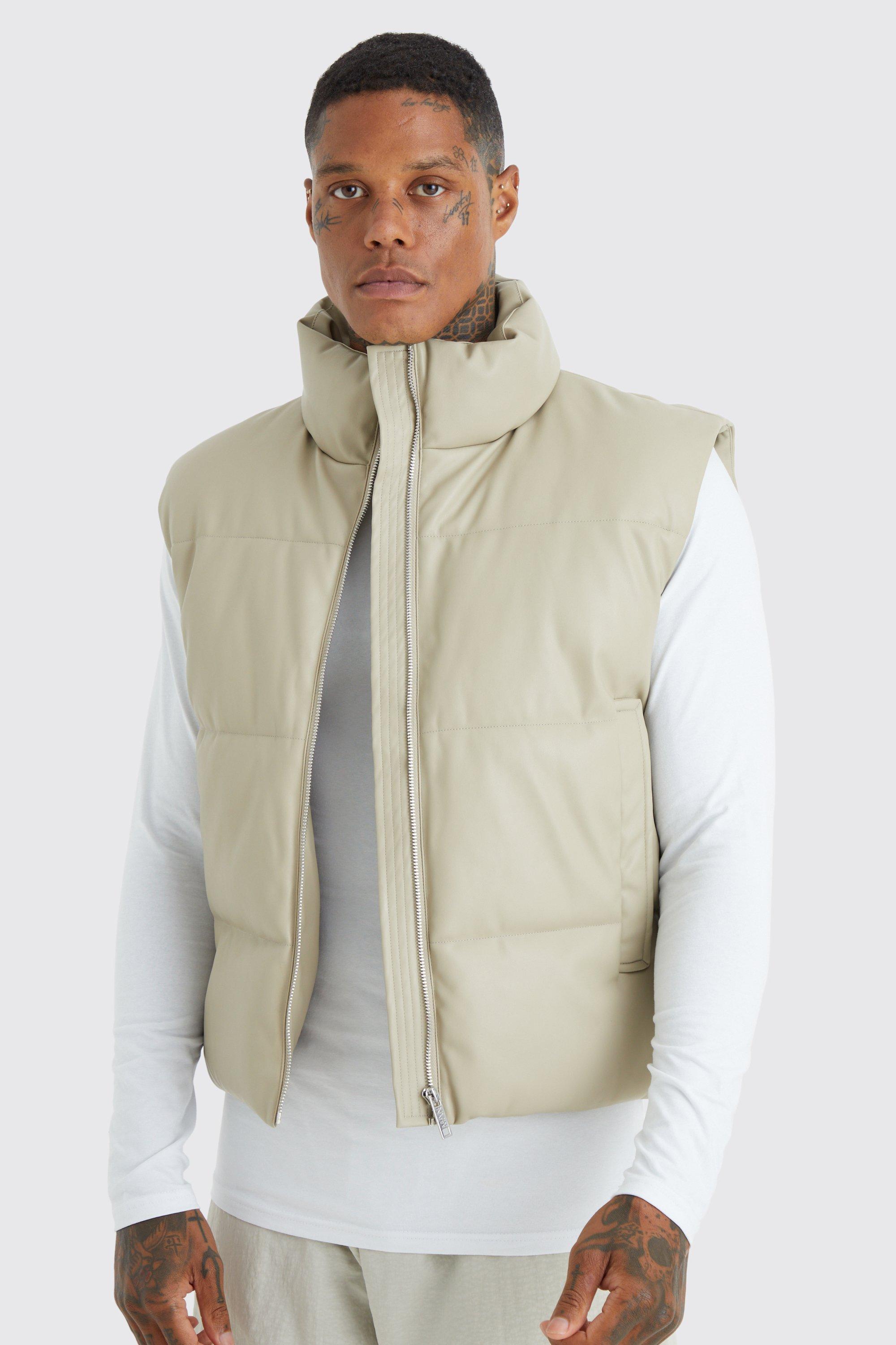 womens pu funnel neck quilted gilet - cream - l, cream
