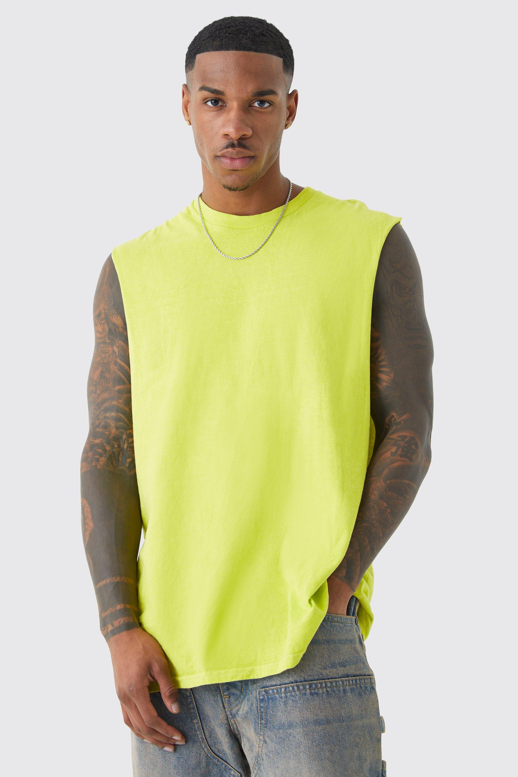 Mens Green Oversized Overdyed Drop Armhole vest, Green