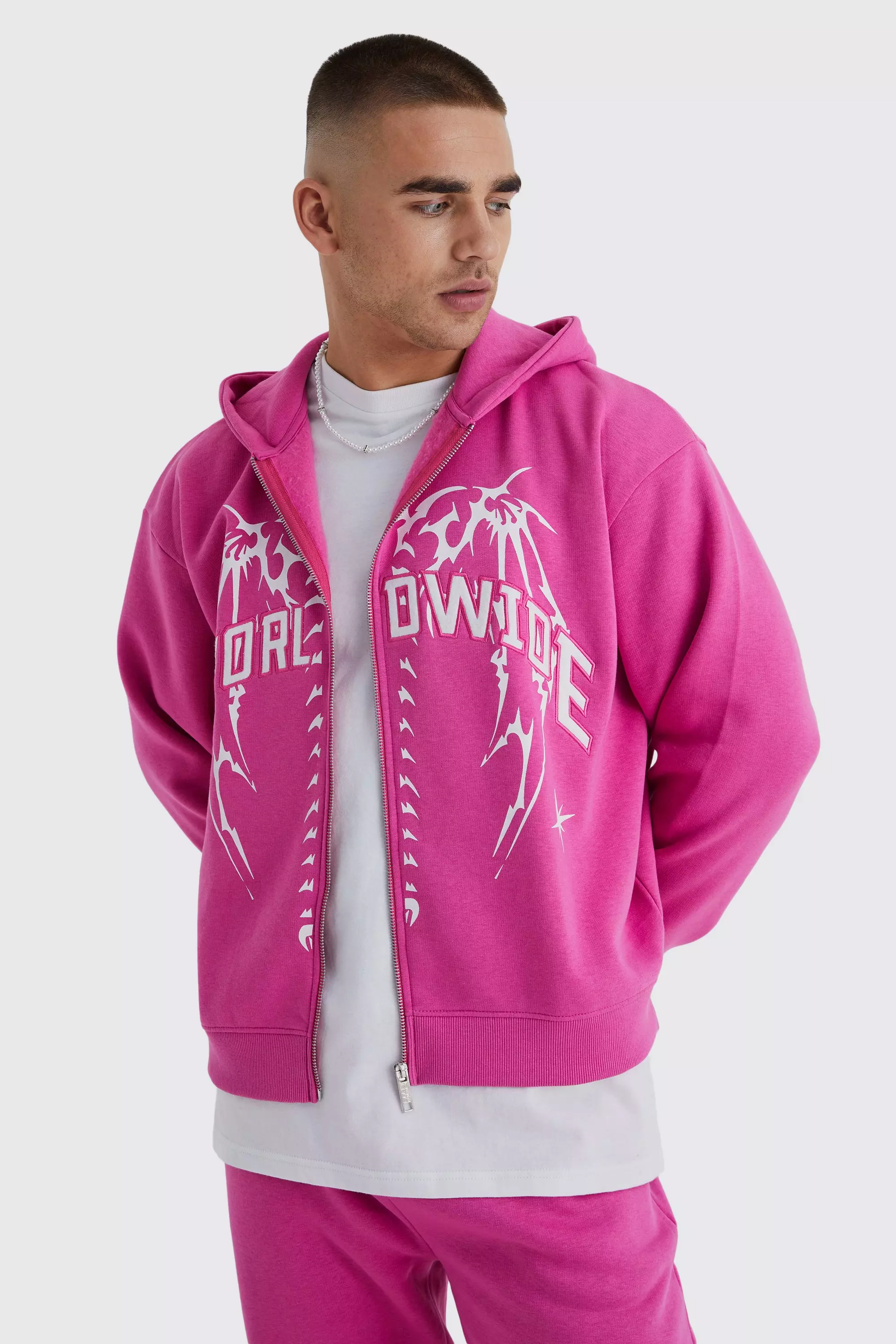 Oversized Boxy Zip Through Worldwide Hoodie boohooMAN USA