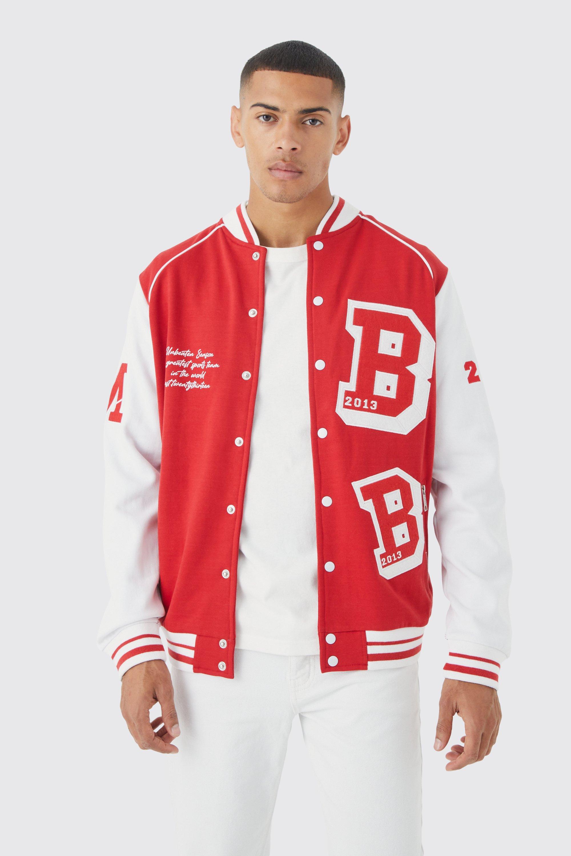Image of Giacca Bomber stile Varsity in jersey, Rosso