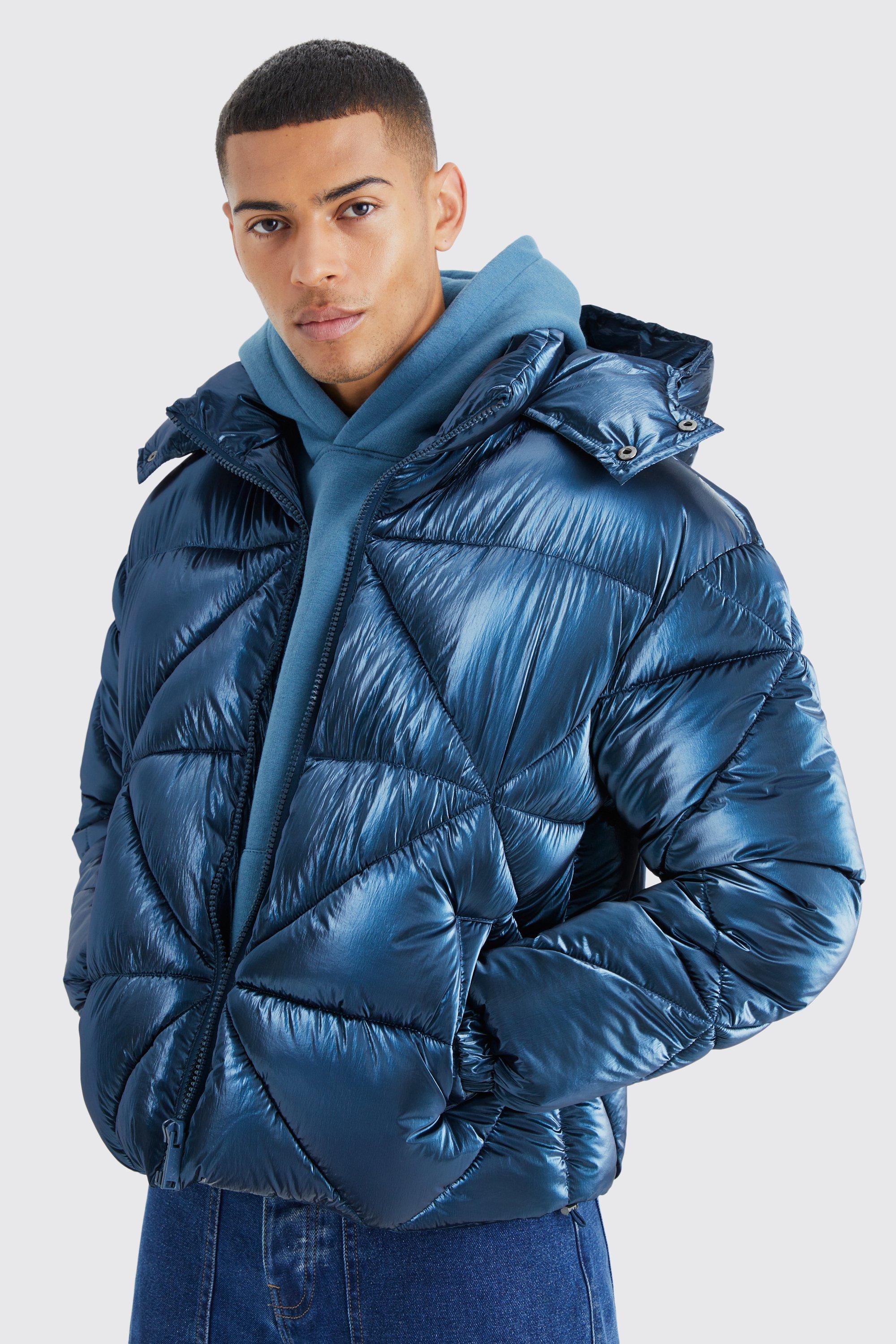 Mens Blue Metallic Boxy Quilted Puffer, Blue