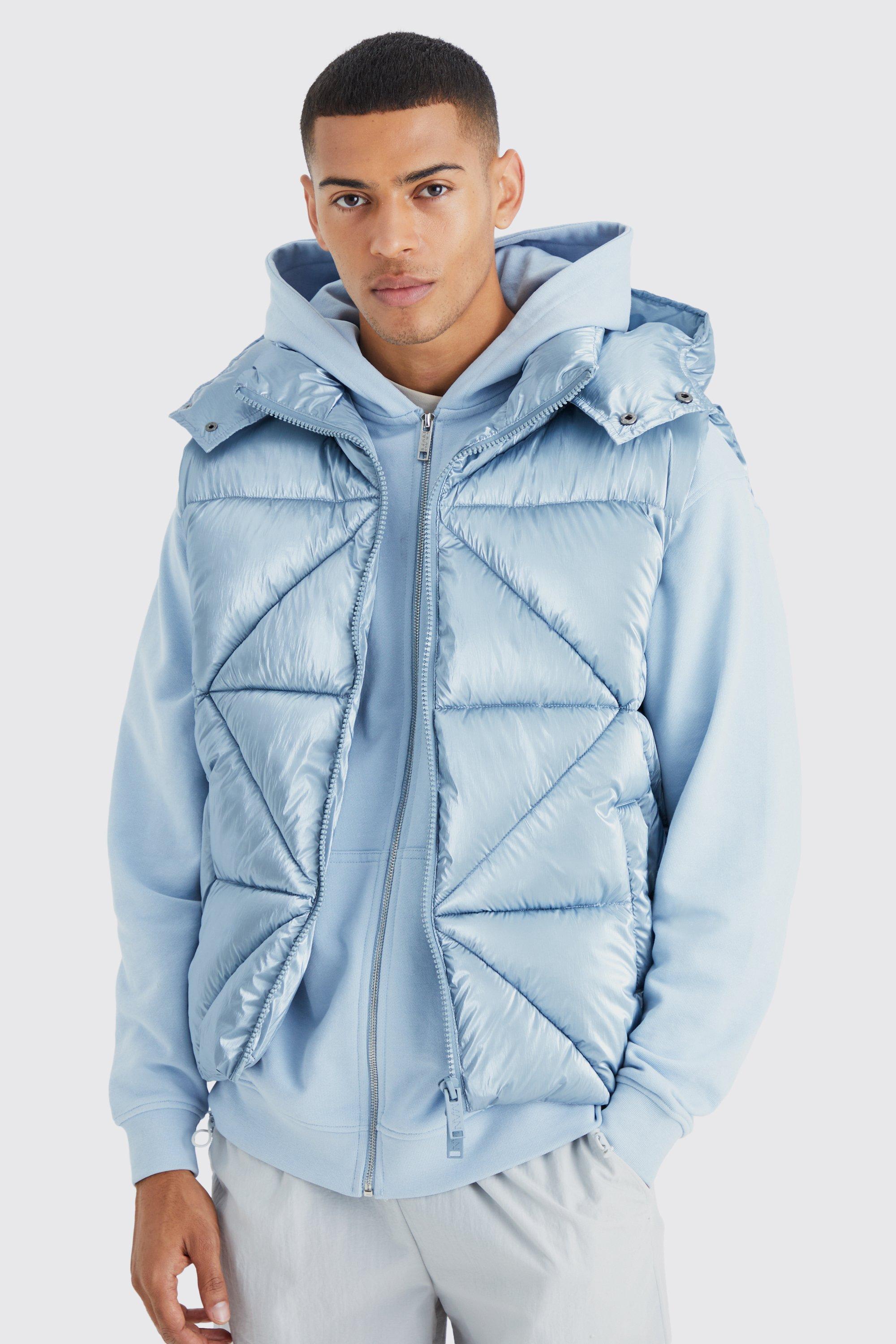 Mens Blue Metallic Quilted Gilet With Hood, Blue