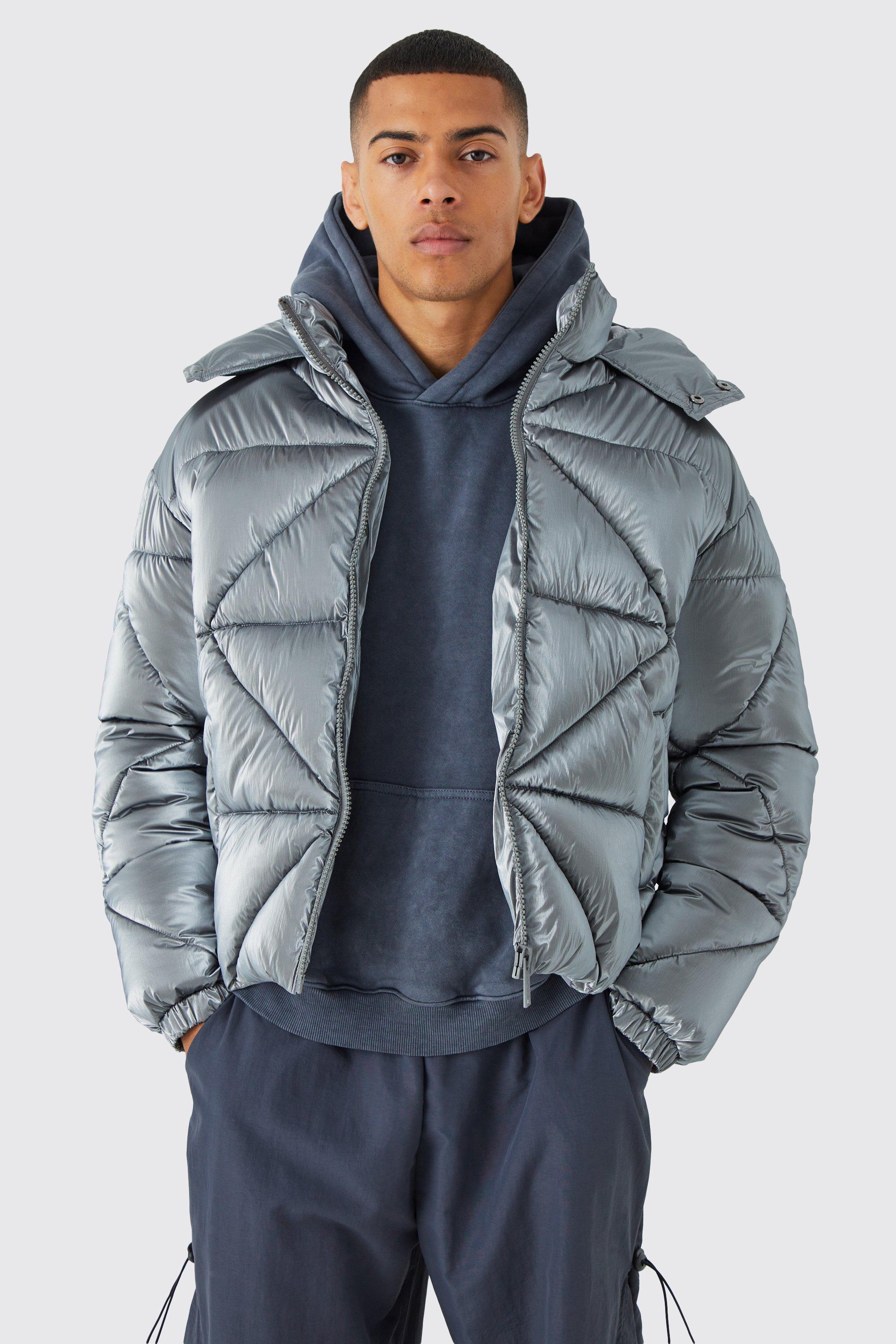 Mens Grey Metallic Boxy Quilted Puffer, Grey