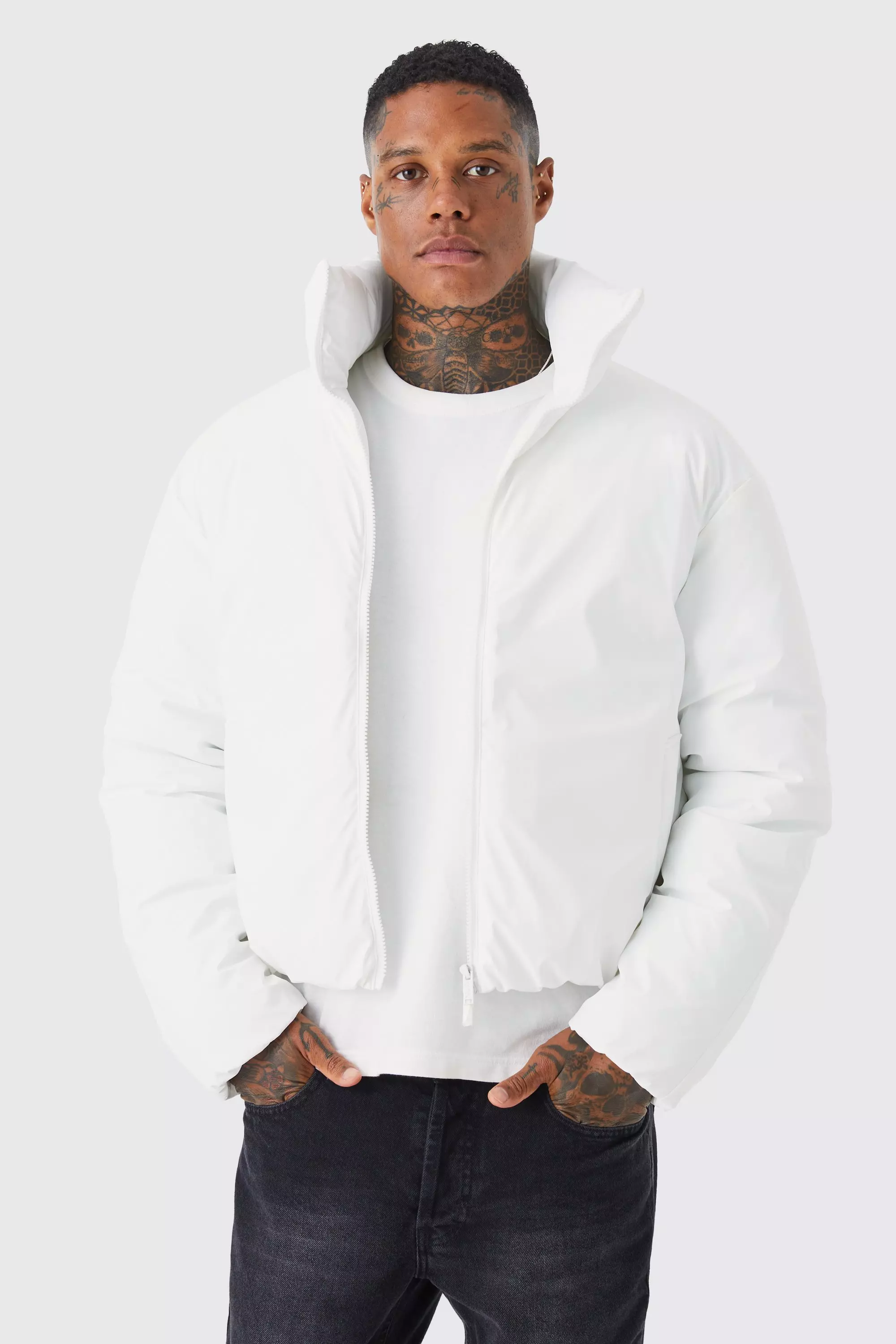 Boxy Funnel Neck Coated Puffer | boohooMAN UK