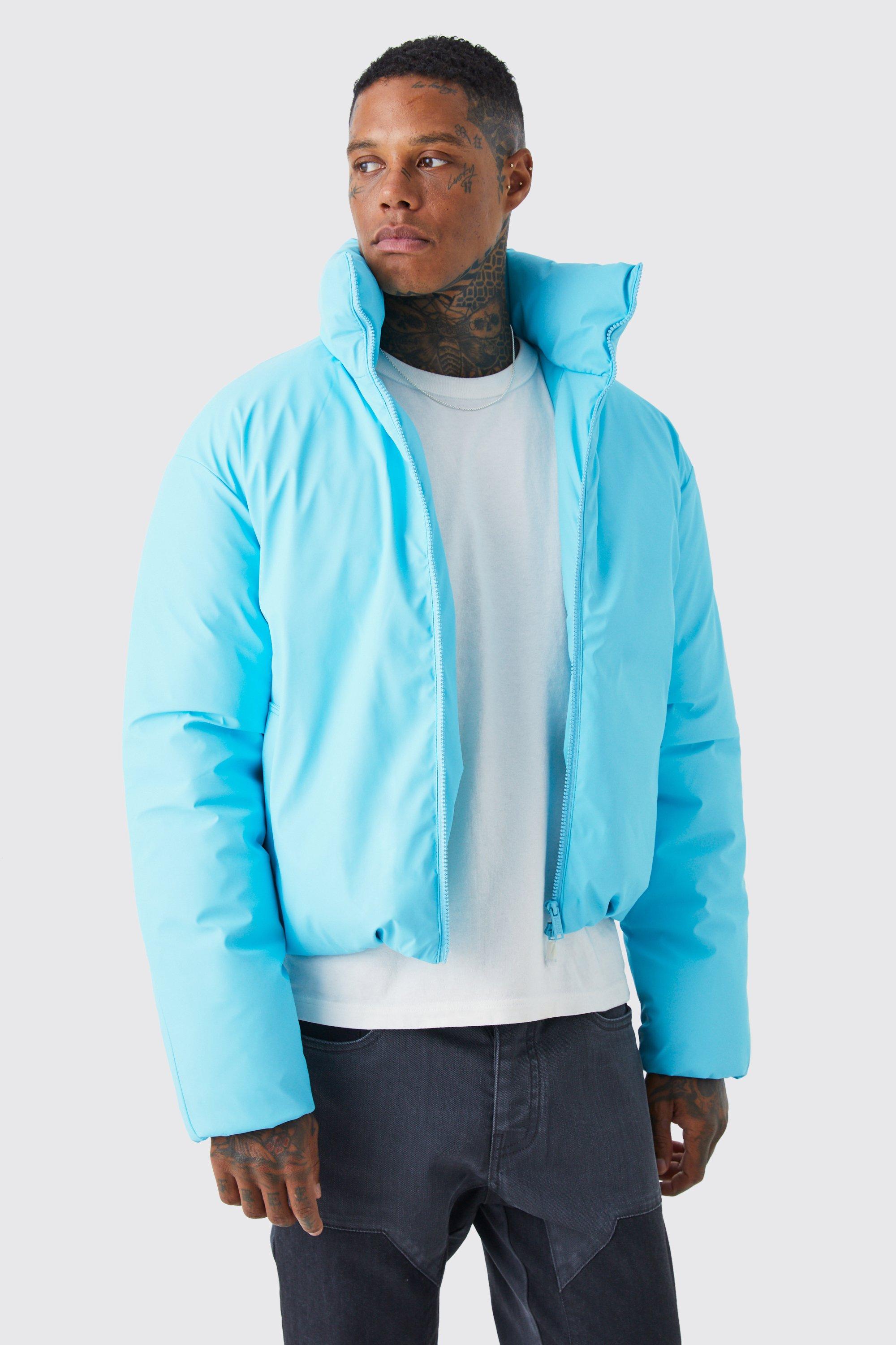 Mens Blue Boxy Funnel Neck Coated Puffer, Blue