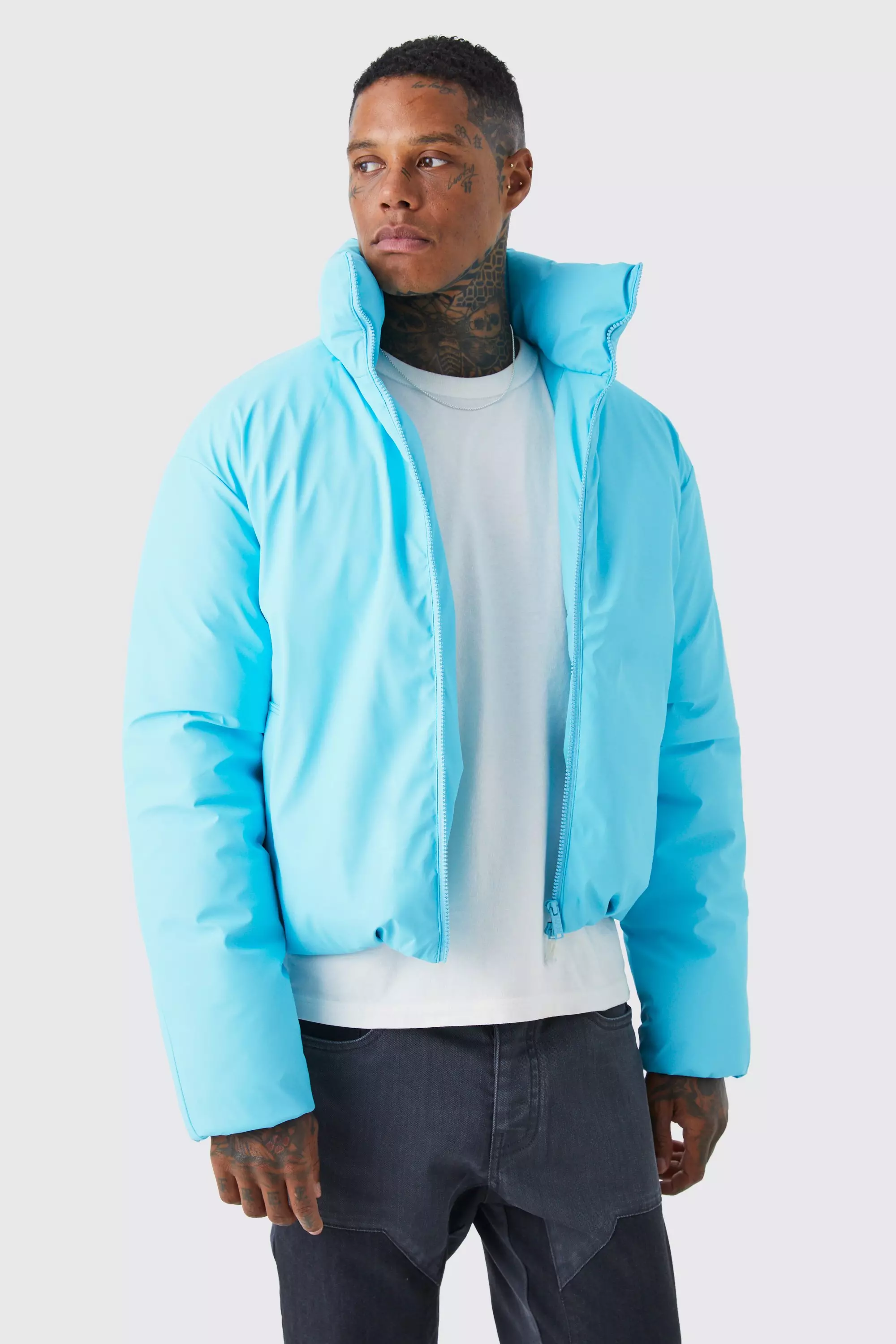 Boxy Funnel Neck Coated Puffer | boohooMAN UK