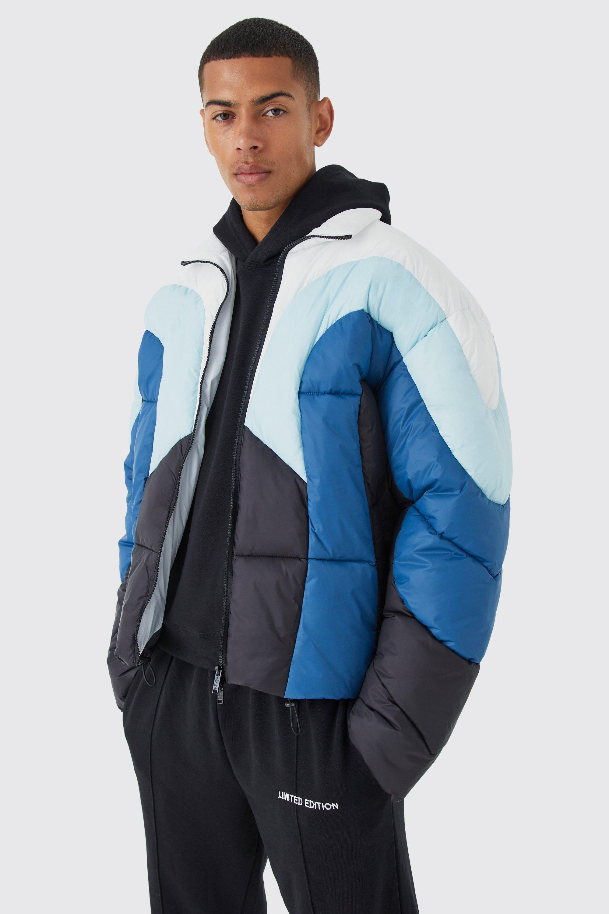 womens colour block curved panel puffer - blue - m, blue