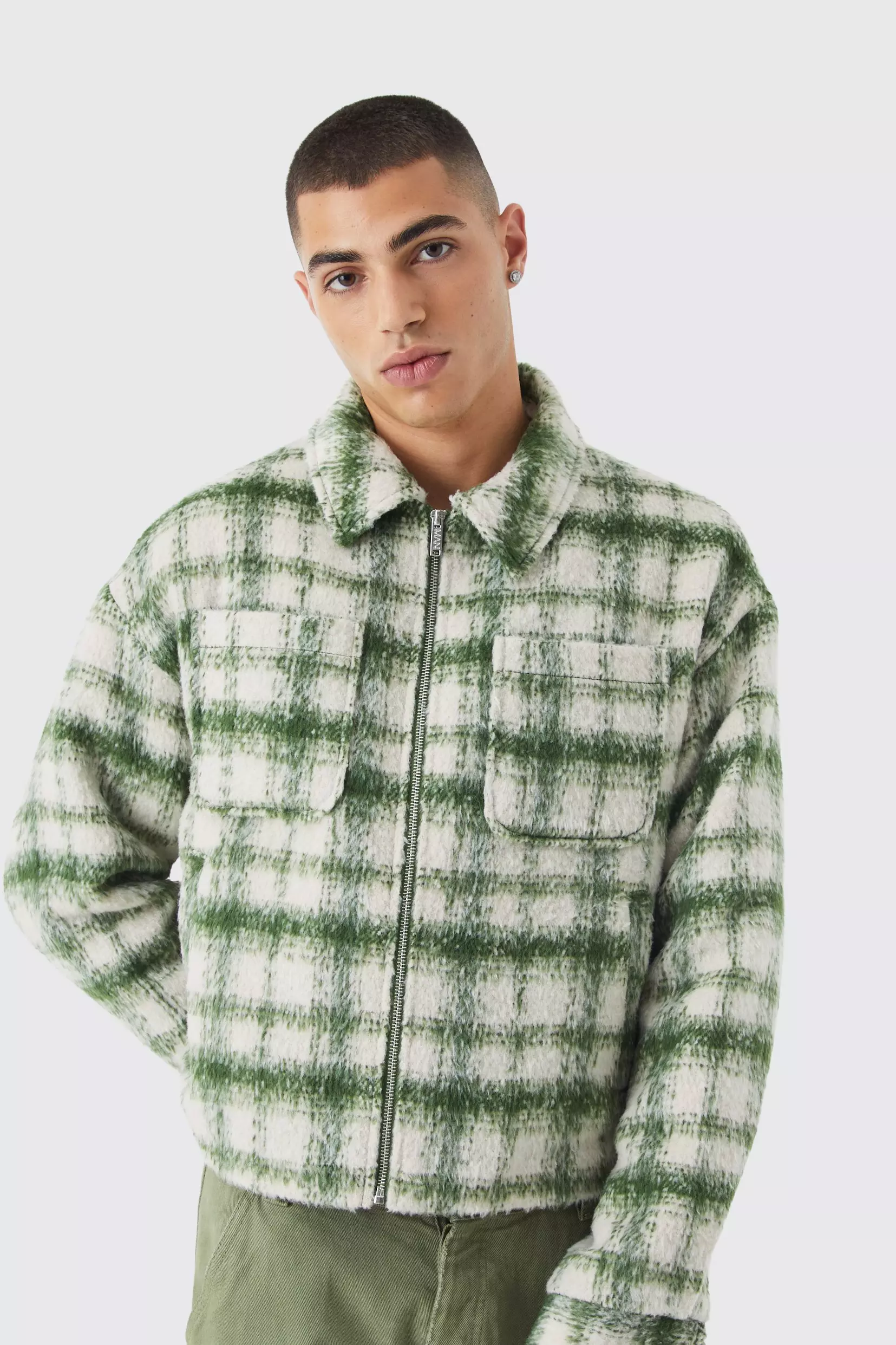 Boxy Brushed Check Padded Harrington