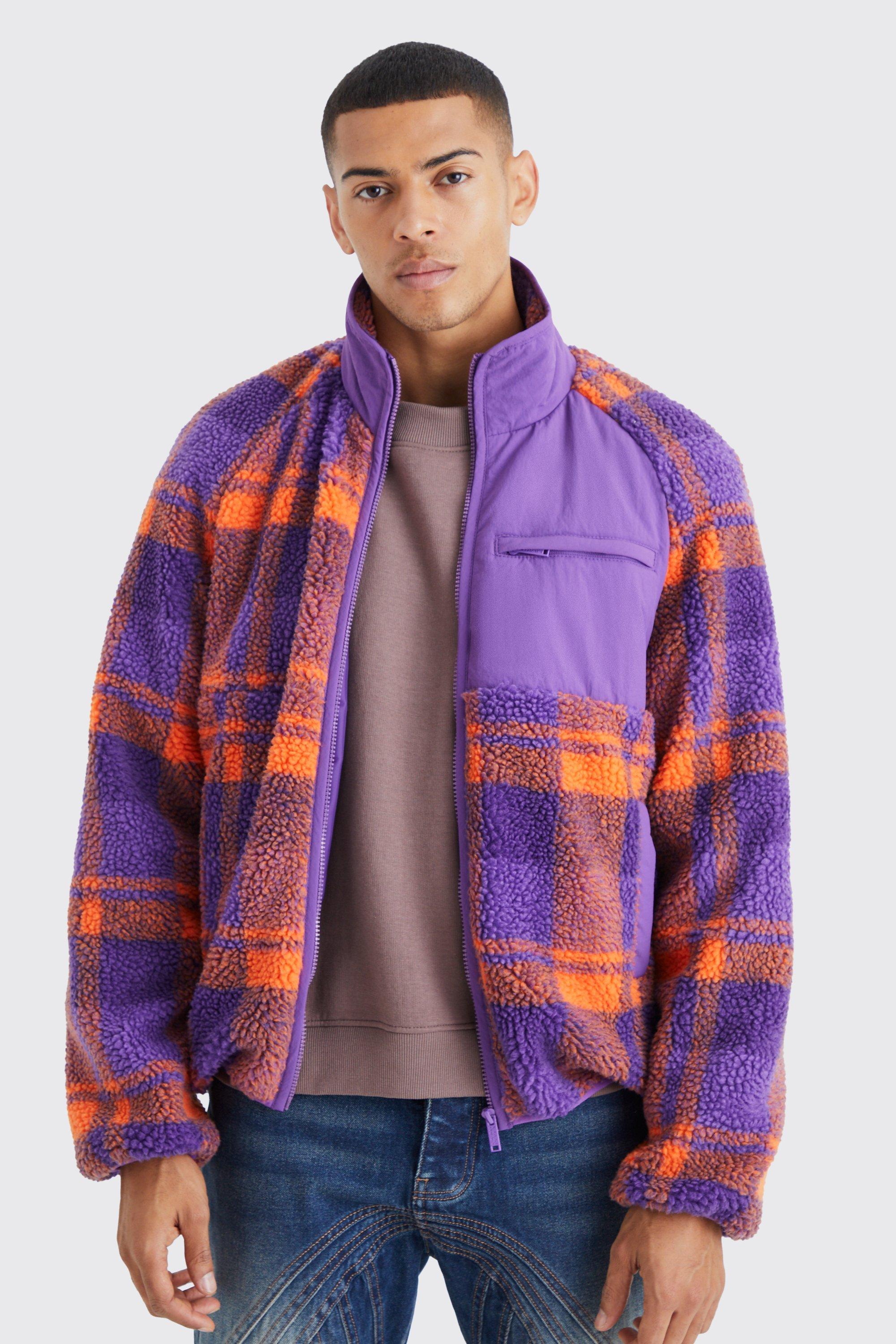 men's borg check print jacket with nylon panel - purple - s, purple