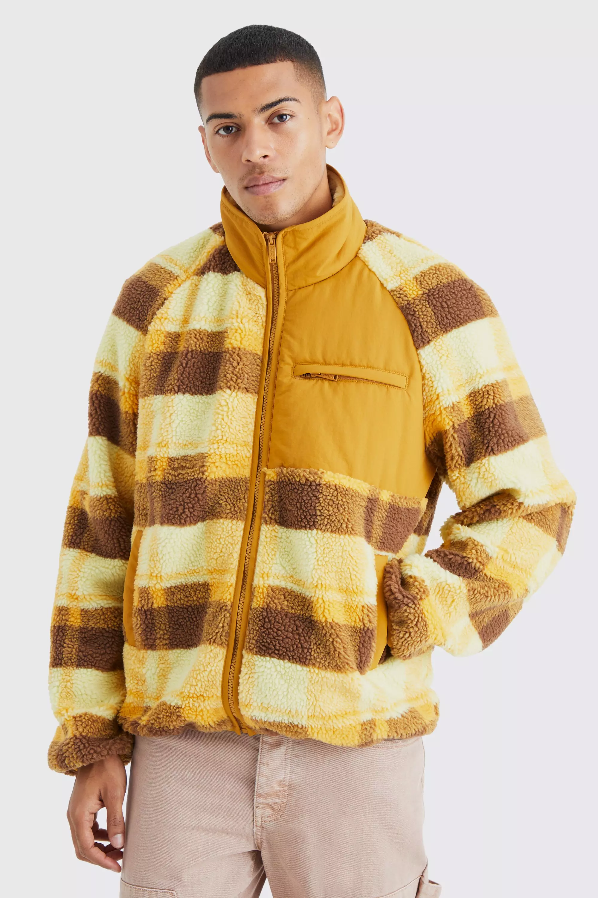 Borg Check Print Jacket With Nylon Panel