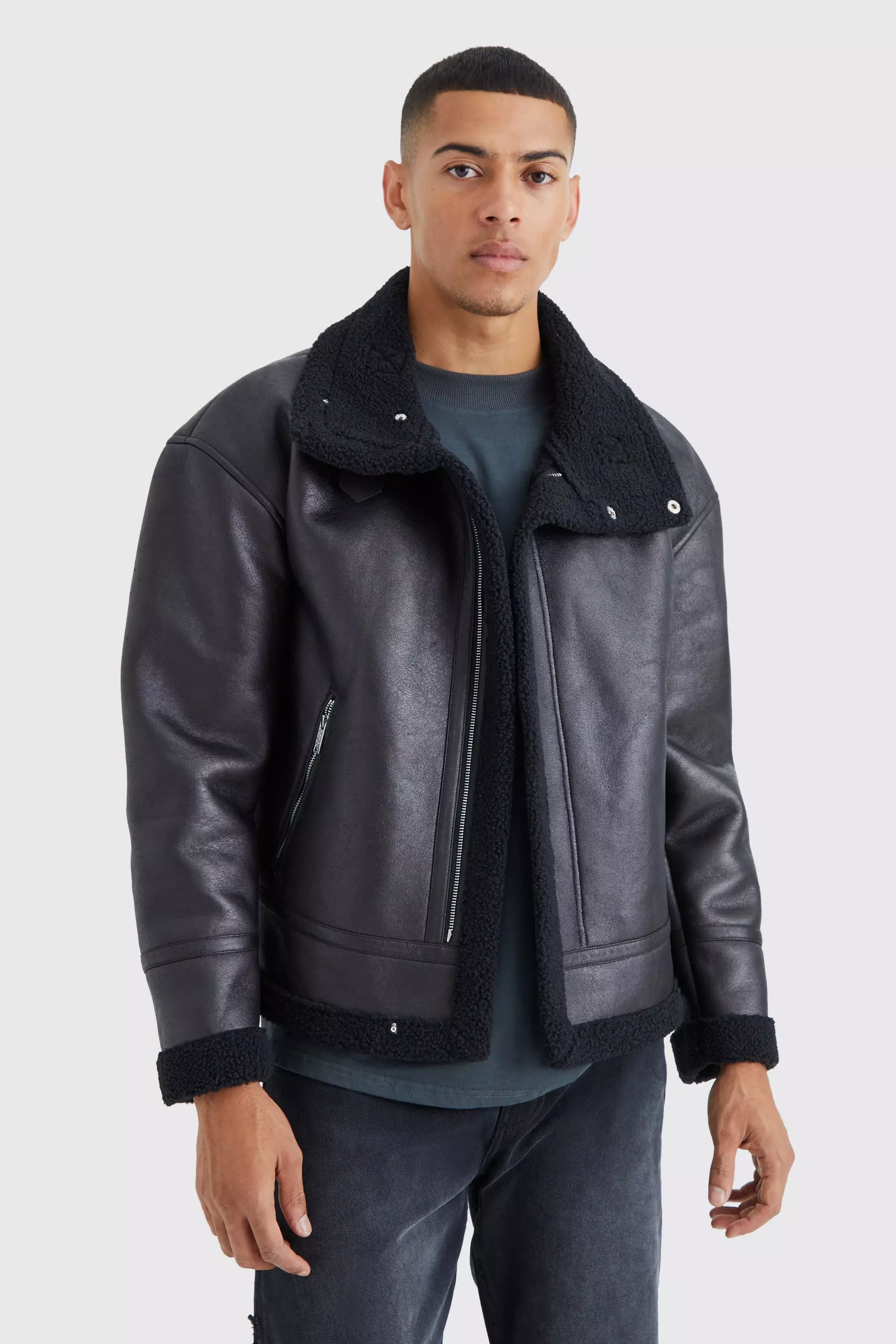 Black pu hot sale aviator jacket