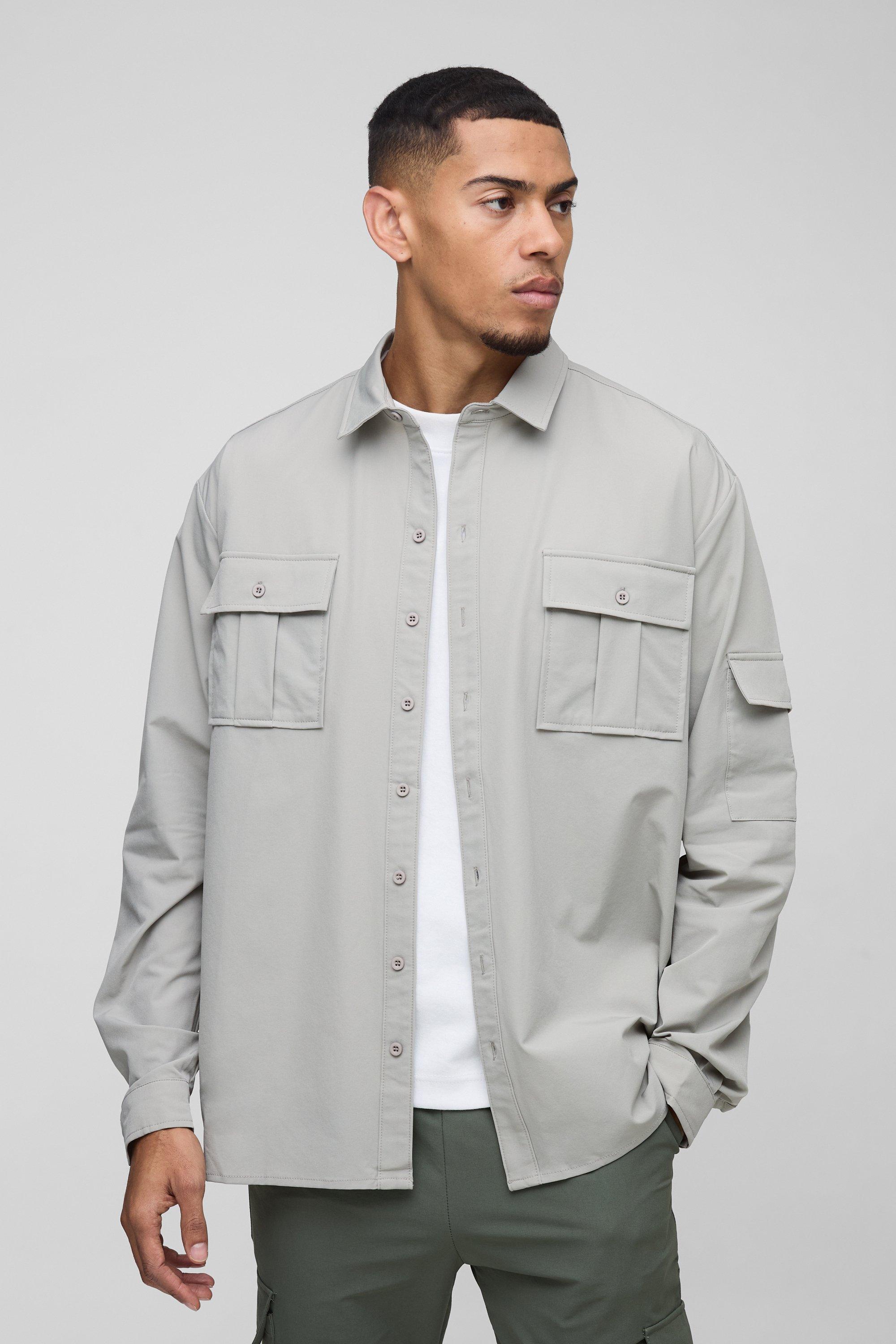 Mens Grey Long Sleeve Lightweight Oversized Overshirt, Grey