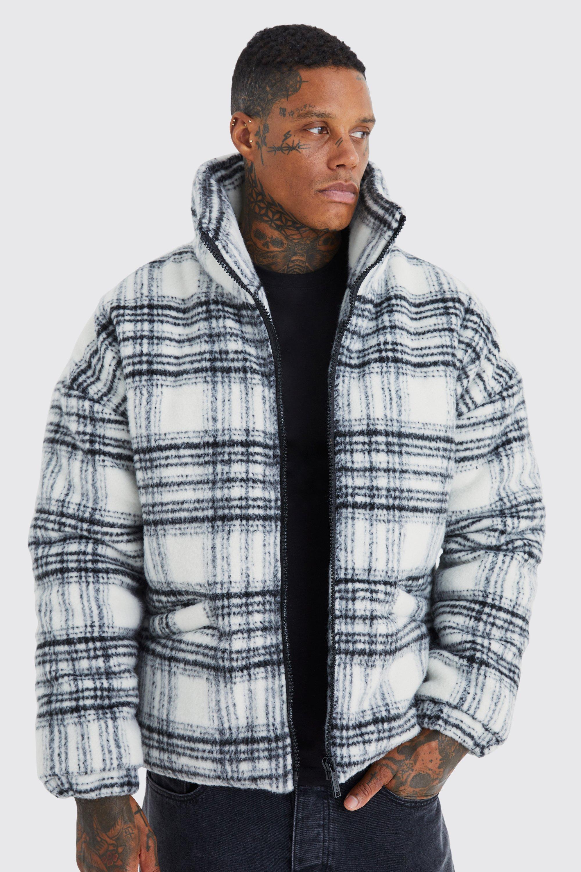 Mens White Brushed Check Funnel Neck Puffer, White
