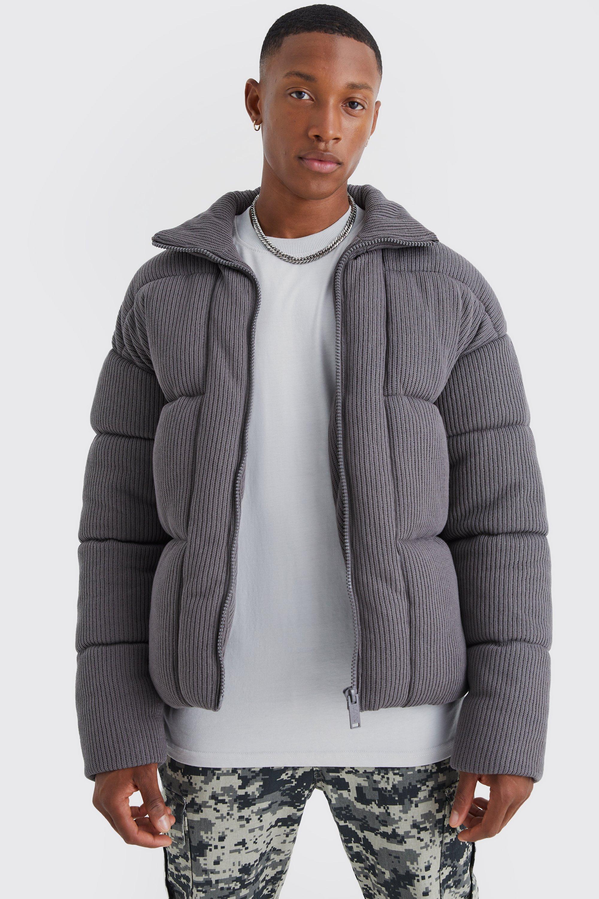 Mens Grey Chunky Knitted Funnel Neck Puffer, Grey
