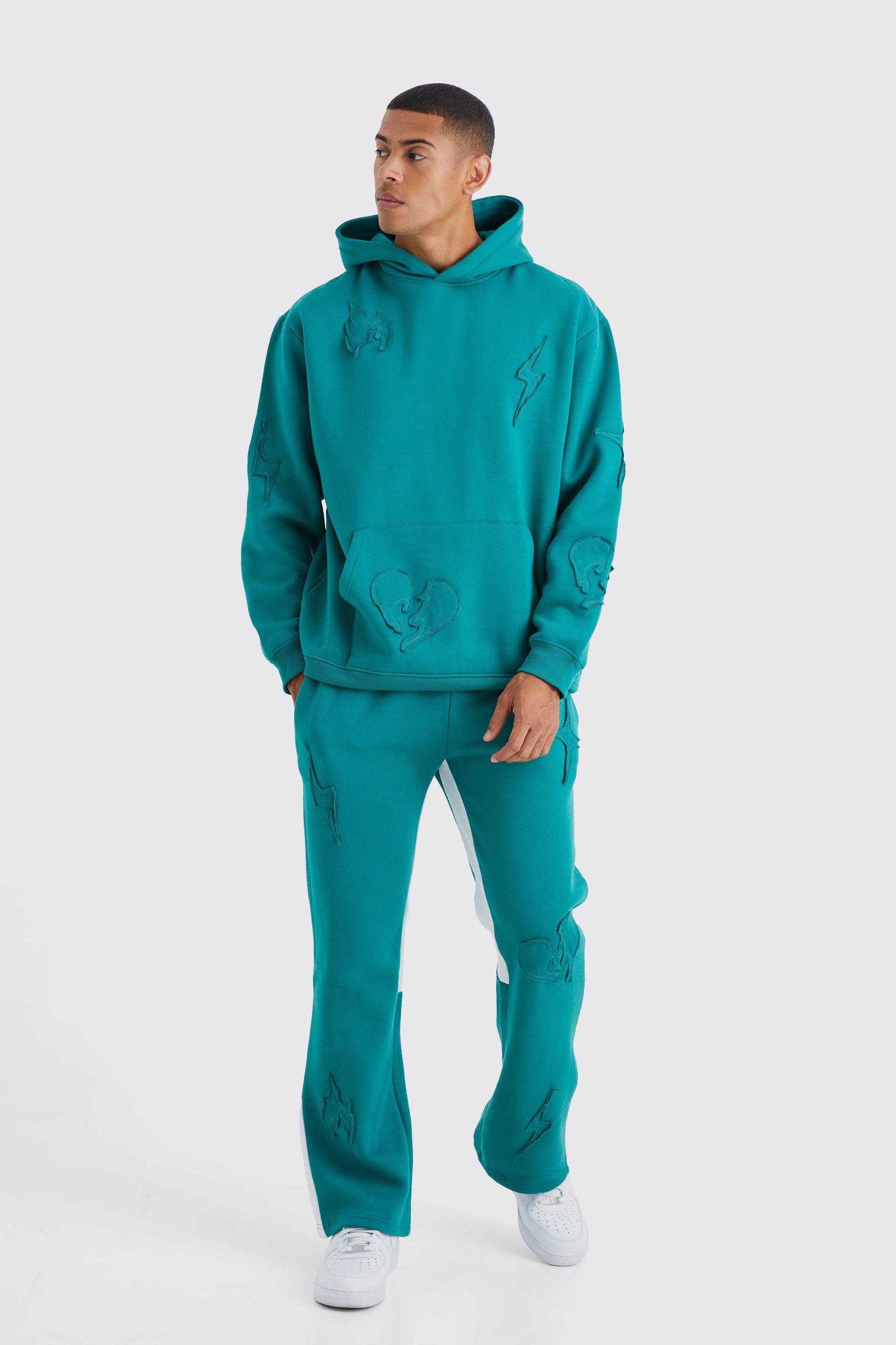Mens Green Oversized Raw Applique Hooded Gusset Tracksuit, Green