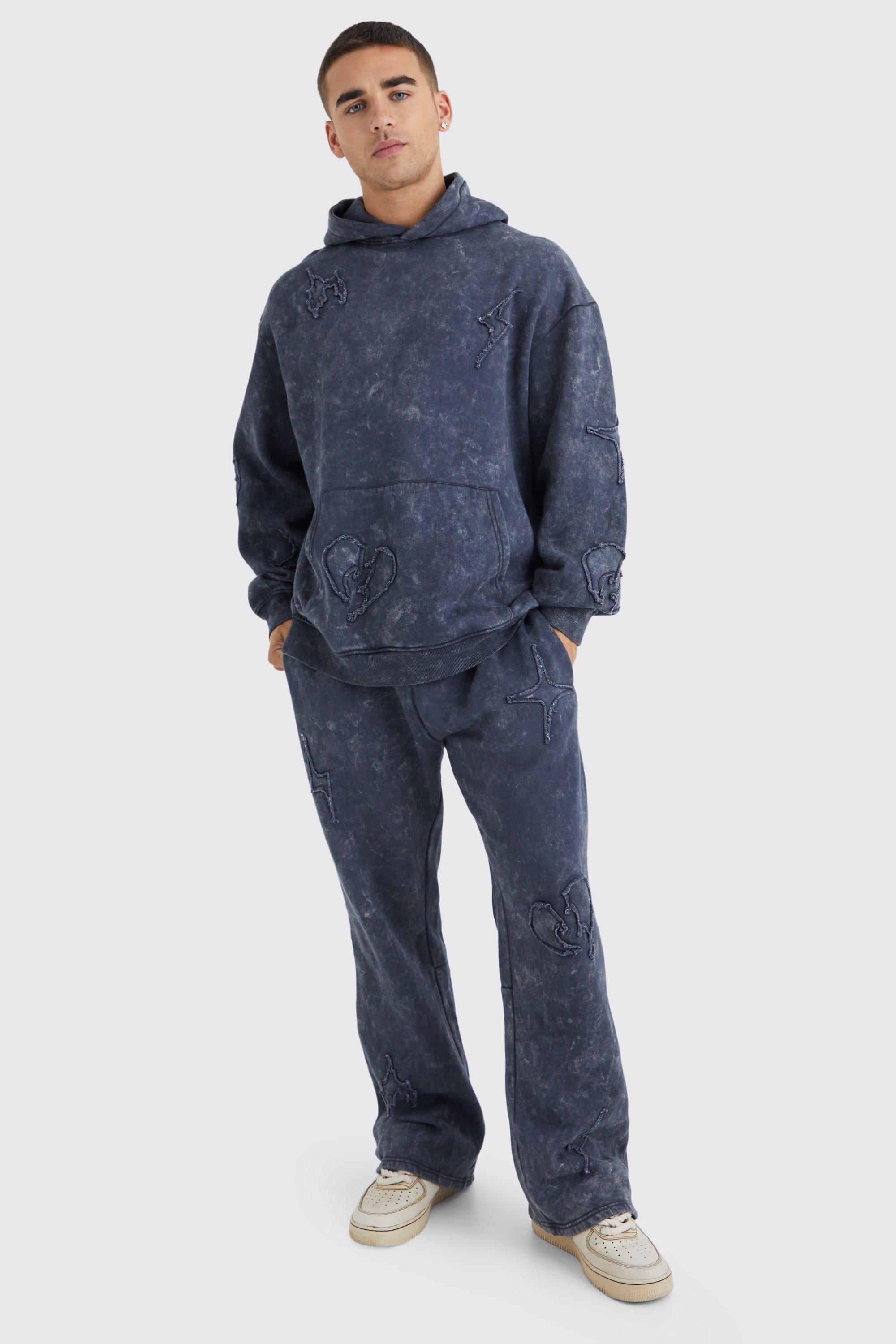 Mens Grey Oversized Raw Applique Acid Wash Hooded Gusset Tracksuit, Grey